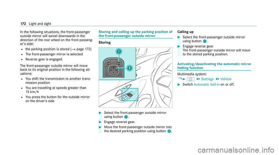 MERCEDES-BENZ GLS SUV 2020 Owners Manual In
thefo llowing situations, the front-passen ger
outside mir ror will swivel down wards in the
direction of there ar wheel on the front passeng‐
er's side:
R the parking position is stored (/ p MERCEDES-BENZ GLS SUV 2020 Owners Manual In
thefo llowing situations, the front-passen ger
outside mir ror will swivel down wards in the
direction of there ar wheel on the front passeng‐
er's side:
R the parking position is stored (/ p