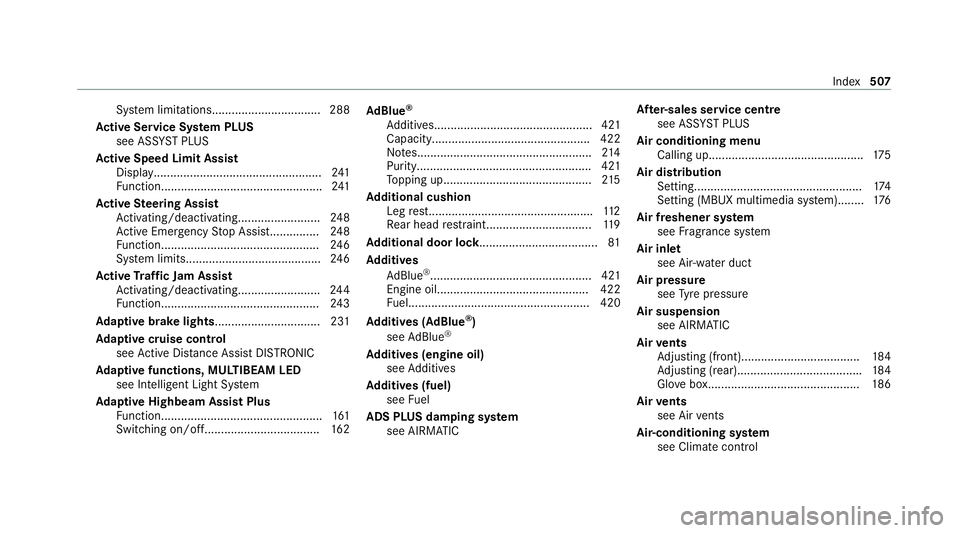 MERCEDES-BENZ GLS SUV 2020 Owners Manual Sy
stem limitations................................. 288
Ac tive Se rvice Sy stem PLUS
see AS SYST PLUS
Ac tive Speed Limit Assi st
Displ ay................................................... 241
Fu n MERCEDES-BENZ GLS SUV 2020 Owners Manual Sy
stem limitations................................. 288
Ac tive Se rvice Sy stem PLUS
see AS SYST PLUS
Ac tive Speed Limit Assi st
Displ ay................................................... 241
Fu n