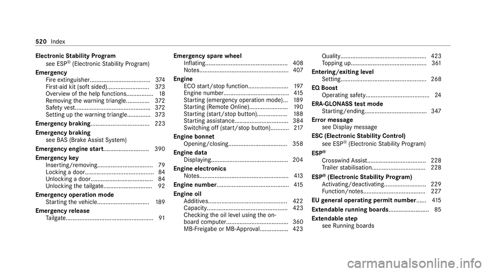 MERCEDES-BENZ GLS SUV 2020 Owners Manual Electronic
Stability Prog ram
see ESP ®
(Electronic Stability Prog ram)
Emer gency
Fire extinguisher.................................... 374
Fir st-aid kit (so ftsided).........................3 73
O MERCEDES-BENZ GLS SUV 2020 Owners Manual Electronic
Stability Prog ram
see ESP ®
(Electronic Stability Prog ram)
Emer gency
Fire extinguisher.................................... 374
Fir st-aid kit (so ftsided).........................3 73
O