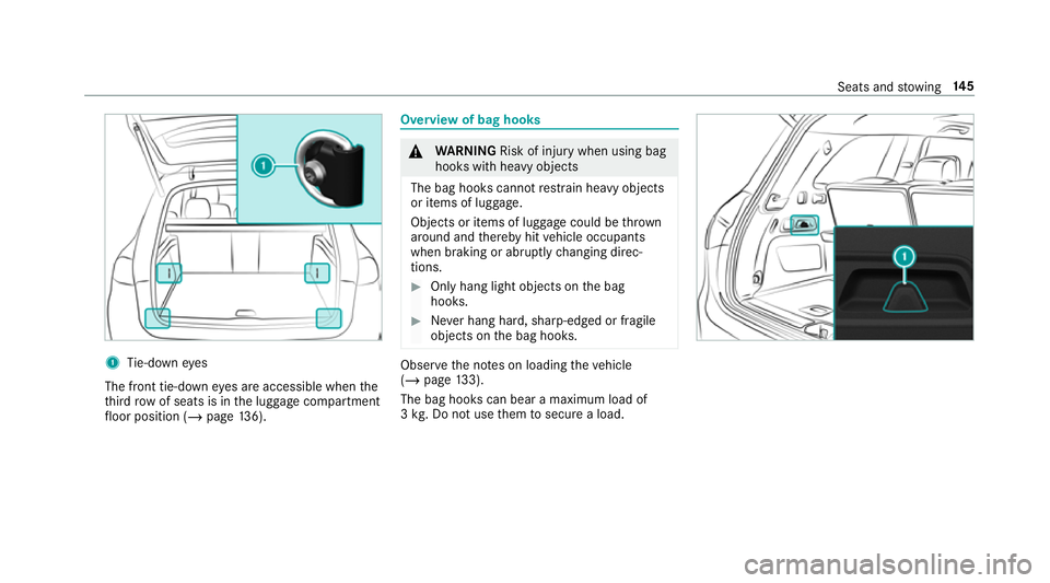 MERCEDES-BENZ GLS SUV 2019  Owners Manual 1
Tie-down eyes
The front tie-down eyes are accessible when the
th ird row of seats is in the luggage compartment
fl oor position (/ page136). Overvi
ewof bag hooks &
WARNING Risk of inju rywhen using