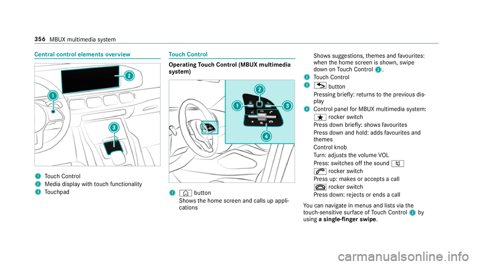 MERCEDES-BENZ GLS SUV 2019  Owners Manual Central control elements
overview 1
Touch Control
2 Media displ aywith touch functionality
3 Touchpad To
uch Control Operating
Touch Control (MBUX multimedia
sy stem) 1
© button
Sho ws th e home scre