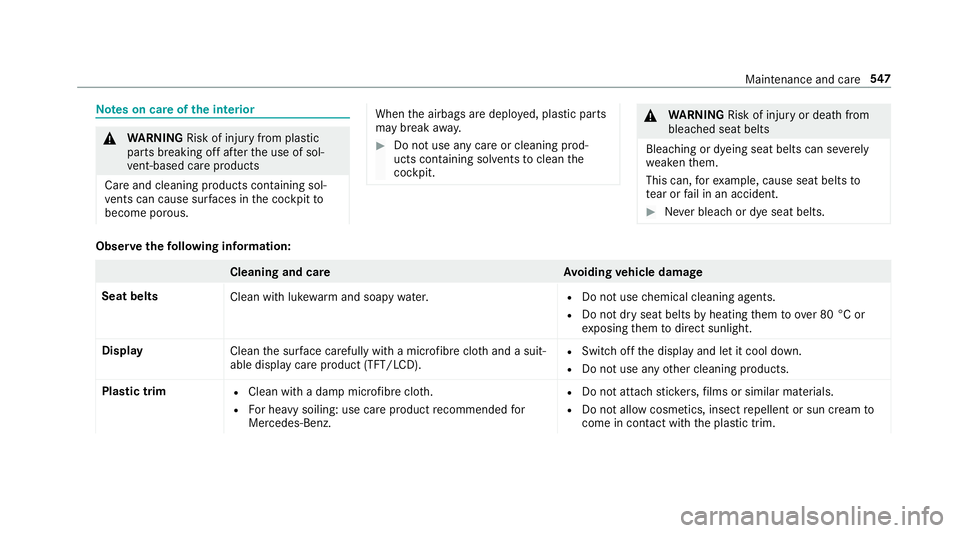 MERCEDES-BENZ GLS SUV 2019  Owners Manual Note
s on care of the interior &
WARNING Risk of inju ryfrom pla stic
parts breaking off af terth e use of sol‐
ve nt-based care products
Ca reand cleaning products con taining sol‐
ve nts can cau