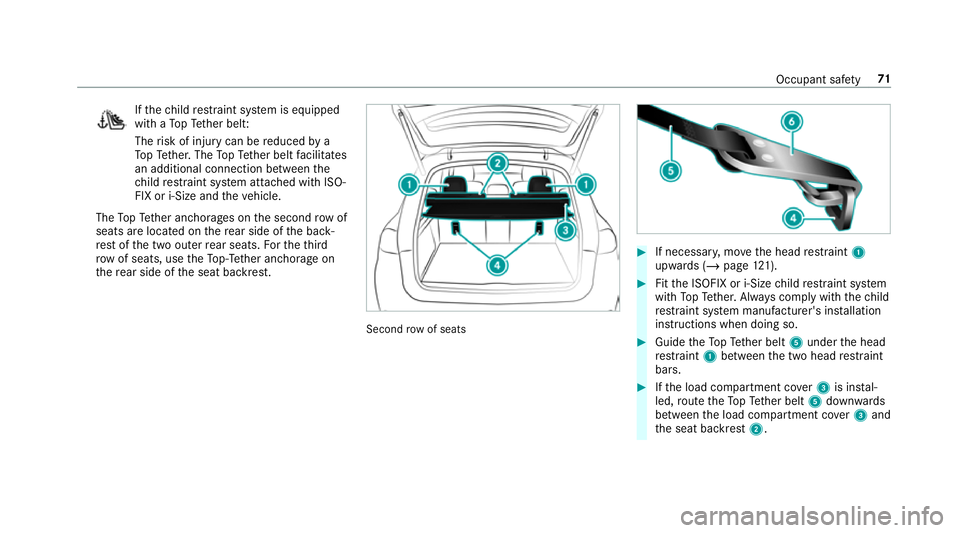 MERCEDES-BENZ GLS SUV 2019 Owners Manual If
th ech ild restra int sy stem is equipped
with a TopTe ther belt:
The risk of injury can be reduced by a
To pTe ther. The TopTe ther belt facilitates
an additional connection between the
ch ild res MERCEDES-BENZ GLS SUV 2019 Owners Manual If
th ech ild restra int sy stem is equipped
with a TopTe ther belt:
The risk of injury can be reduced by a
To pTe ther. The TopTe ther belt facilitates
an additional connection between the
ch ild res