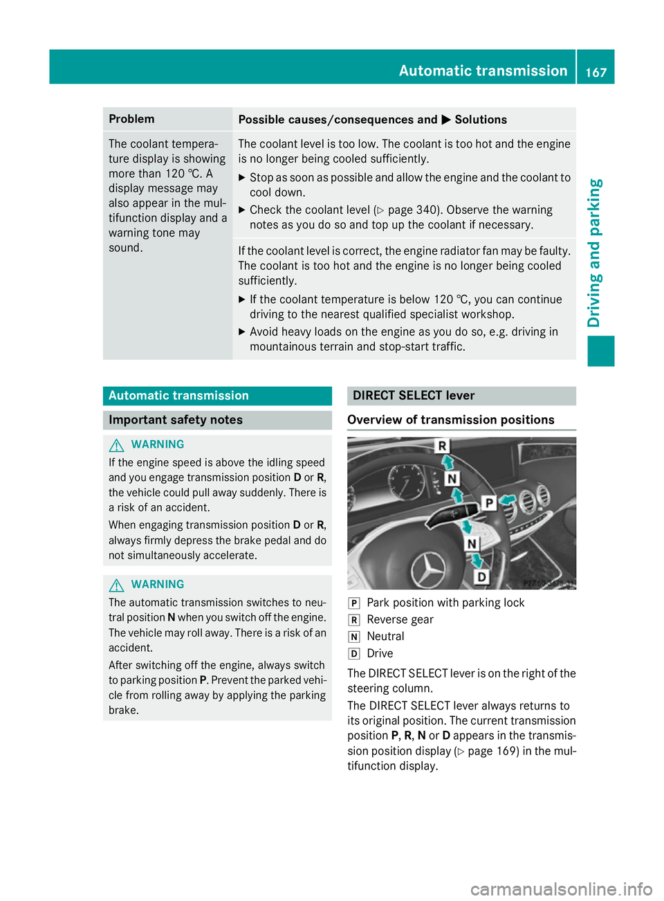 MERCEDES-BENZ S-CLASS COUPE 2014  Owners Manual Problem
Possible causes/consequences and
M
MSolutions The coolant tempera-
ture display is showing
more than 120 †. A
display message may
also appear in the mul-
tifunction display and a
warning ton
