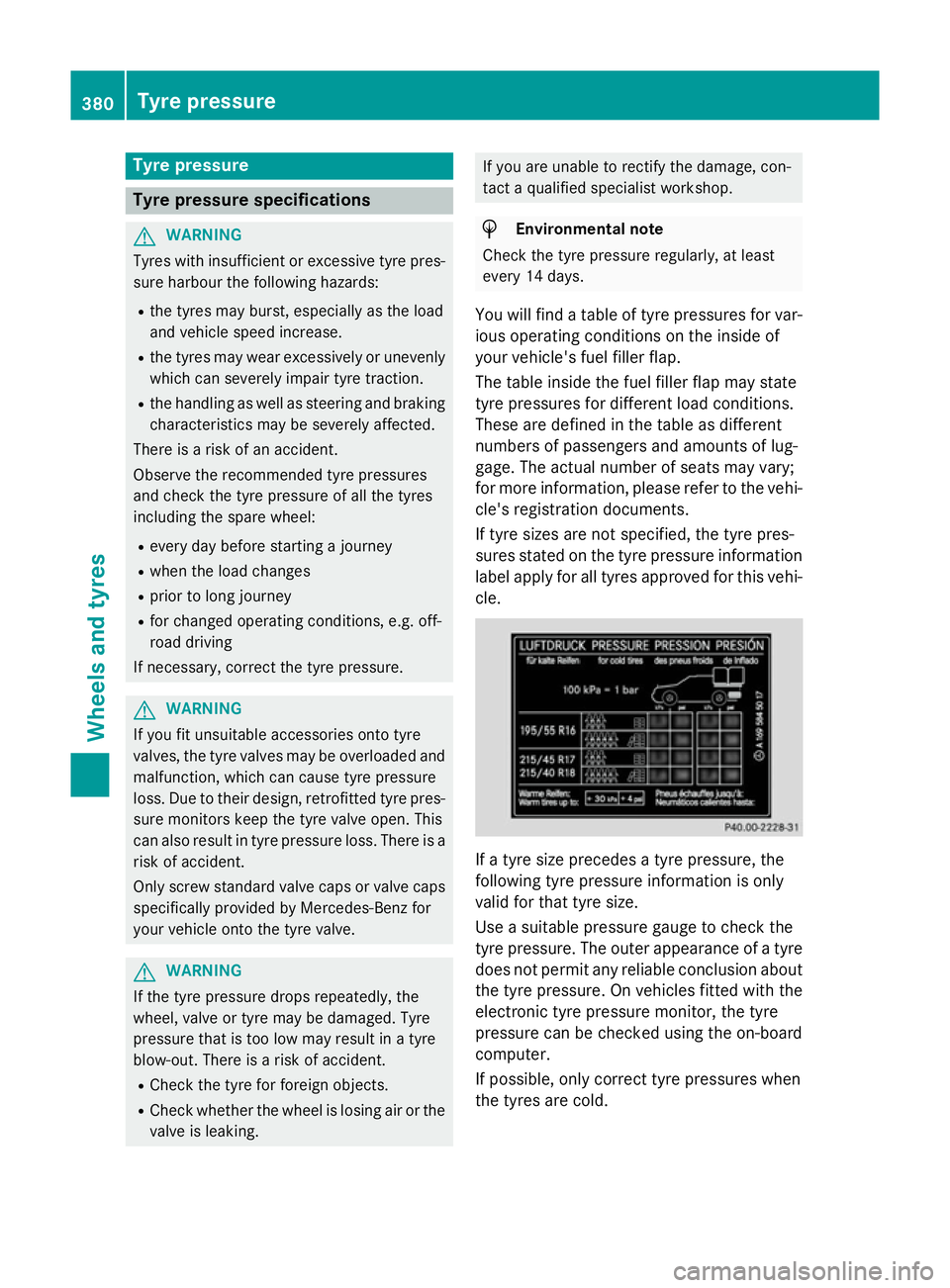 MERCEDES-BENZ S-CLASS COUPE 2014 Owners Manual Tyre pressure
Tyre pressure specifications
G
WARNING
Tyres with insufficient or excessive tyre pres- sure harbour the following hazards:
R the tyres may burst, especially as the load
and vehicle speed MERCEDES-BENZ S-CLASS COUPE 2014 Owners Manual Tyre pressure
Tyre pressure specifications
G
WARNING
Tyres with insufficient or excessive tyre pres- sure harbour the following hazards:
R the tyres may burst, especially as the load
and vehicle speed