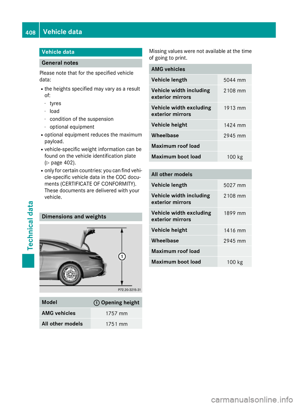 MERCEDES-BENZ S-CLASS COUPE 2014 Owners Manual Vehicle data
General notes
Please note that for the specified vehicle
data:
R the heights specified may vary as a result
of:
- tyres
- load
- condition of the suspension
- optional equipment
R optiona MERCEDES-BENZ S-CLASS COUPE 2014 Owners Manual Vehicle data
General notes
Please note that for the specified vehicle
data:
R the heights specified may vary as a result
of:
- tyres
- load
- condition of the suspension
- optional equipment
R optiona