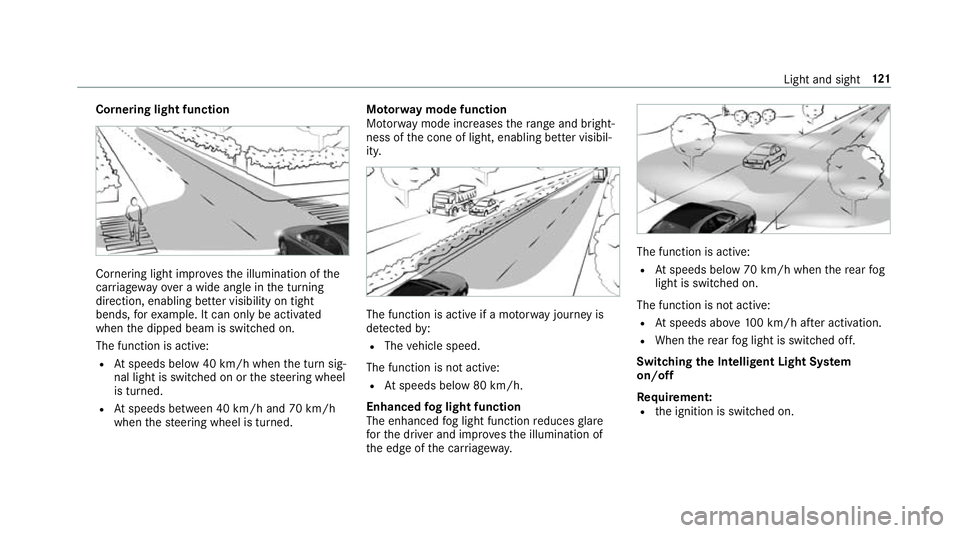 MERCEDES-BENZ S-CLASS CABRIOLET 2017 Owners Manual Cornering light function
Cornering light impr
ovesthe illumination of the
car riag ewa yoveraw idea ngle in thet urning
direction, enabling better visibility on tight
bends, fore xamp le. It can on ly MERCEDES-BENZ S-CLASS CABRIOLET 2017 Owners Manual Cornering light function
Cornering light impr
ovesthe illumination of the
car riag ewa yoveraw idea ngle in thet urning
direction, enabling better visibility on tight
bends, fore xamp le. It can on ly