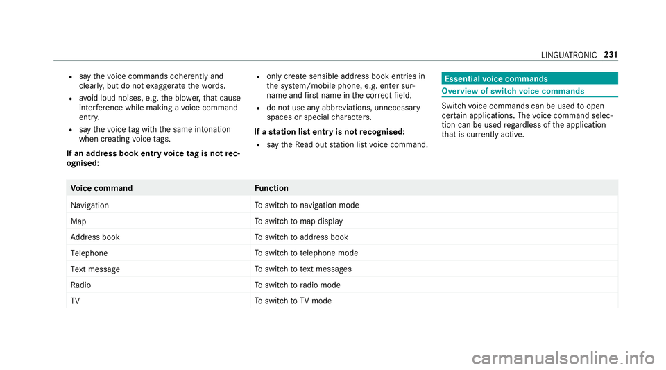 MERCEDES-BENZ S-CLASS CABRIOLET 2017  Owners Manual R
sayt he voice command scohe rentl ya nd
clearly ,but do no texaggerat ethe words.
R avoid loud noises, e.g. theb lowe r,th at cause
inter fere nce whil emaking avoice command
entr y.
R sayt he voice