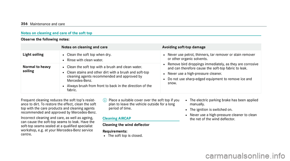 MERCEDES-BENZ S-CLASS CABRIOLET 2017 Owners Manual Note
sonc leaning and car eofthe sof ttop Obser
vethef ollowing no tes: Note
sonc leaning and car eA voiding soft- topd amage
Light soiling R
Clea nthe sof ttop when dr y.
R Rins ewithc lean water. R
MERCEDES-BENZ S-CLASS CABRIOLET 2017 Owners Manual Note
sonc leaning and car eofthe sof ttop Obser
vethef ollowing no tes: Note
sonc leaning and car eA voiding soft- topd amage
Light soiling R
Clea nthe sof ttop when dr y.
R Rins ewithc lean water. R