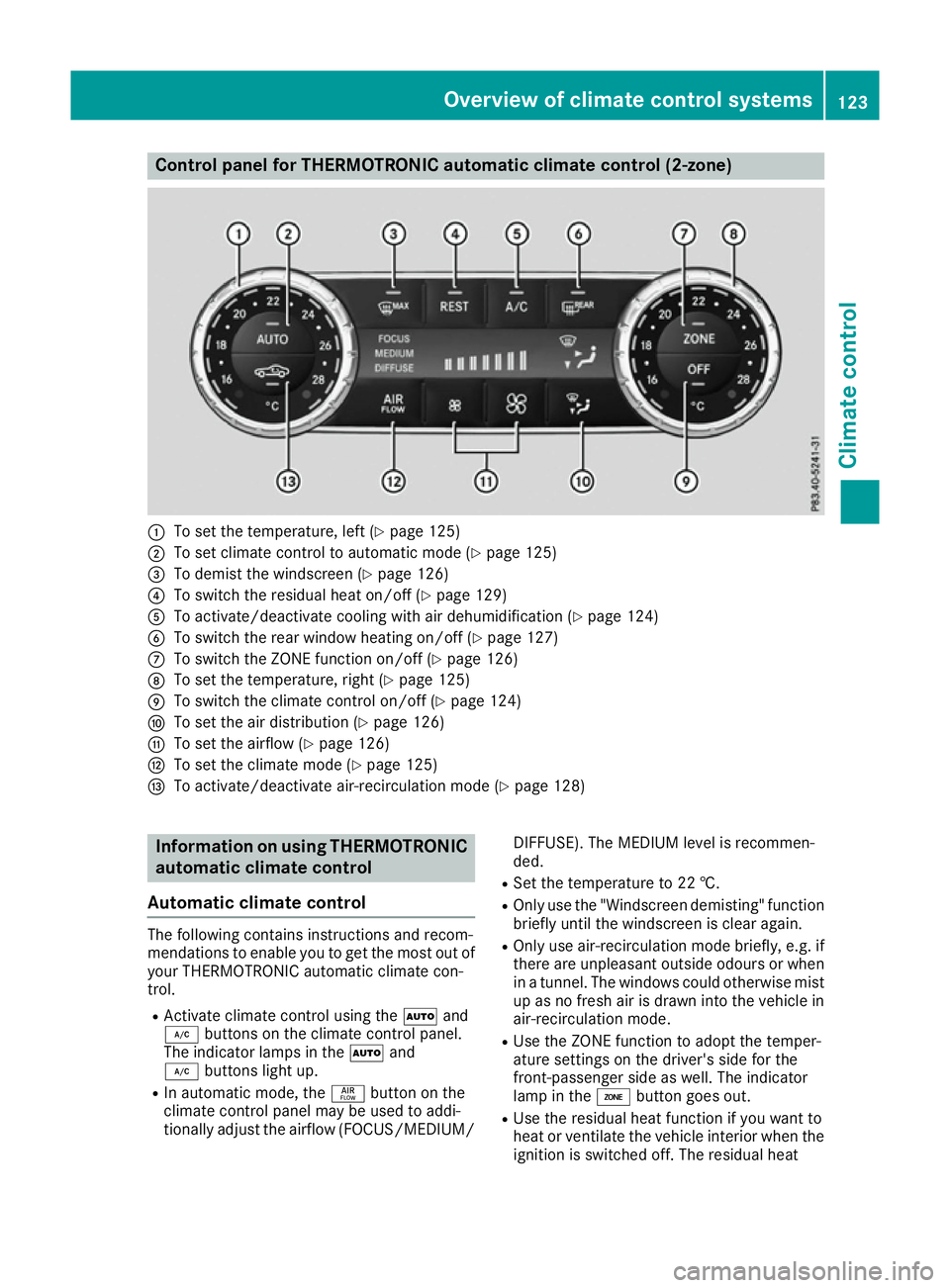 MERCEDES-BENZ SL ROADSTER 2016  Owners Manual Control panel for THERMOTRONIC automatic climate control (2-zone)
:
To set the temperature, left (Y page 125)
; To set climate control to automatic mode (Y page 125)
= To demist the windscreen (Y page
