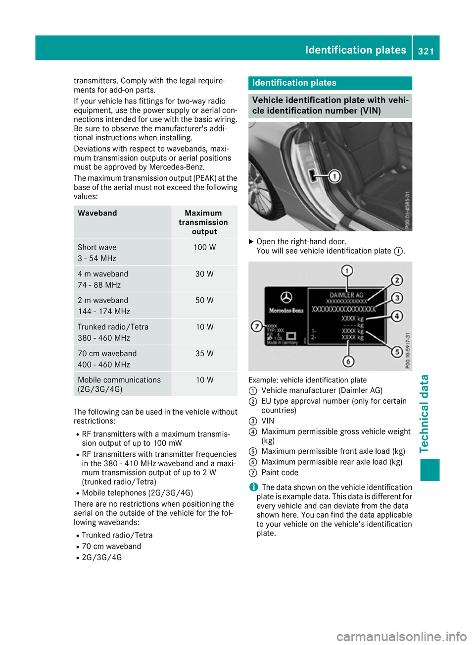 MERCEDES-BENZ SL ROADSTER 2016 Owners Manual transmitters. Comply with the legal require-
ments for add-on parts.
If your vehicle has fittings for two-way radio
equipment, use the power supply or aerial con-
nections intended for use with the ba MERCEDES-BENZ SL ROADSTER 2016 Owners Manual transmitters. Comply with the legal require-
ments for add-on parts.
If your vehicle has fittings for two-way radio
equipment, use the power supply or aerial con-
nections intended for use with the ba
