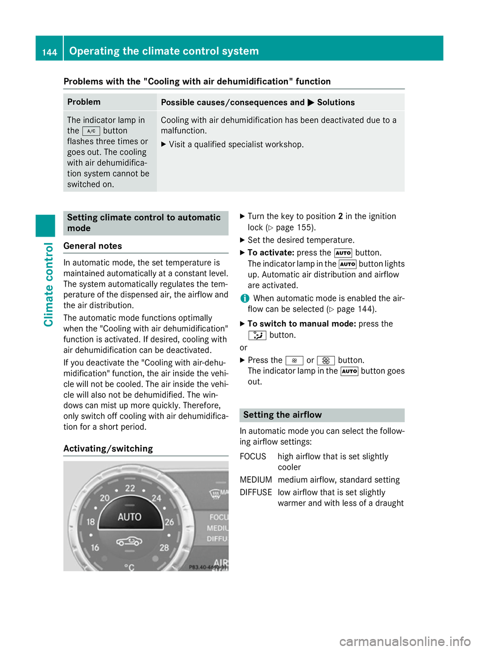MERCEDES-BENZ SL ROADSTER 2012 Owners Manual Problems with the "Cooling with air dehumidification" function
Problem
Possible causes/consequences and
M
MSolutions The indicator lamp in
the
¿ button
flashes three times or
goes out. The co MERCEDES-BENZ SL ROADSTER 2012 Owners Manual Problems with the "Cooling with air dehumidification" function
Problem
Possible causes/consequences and
M
MSolutions The indicator lamp in
the
¿ button
flashes three times or
goes out. The co