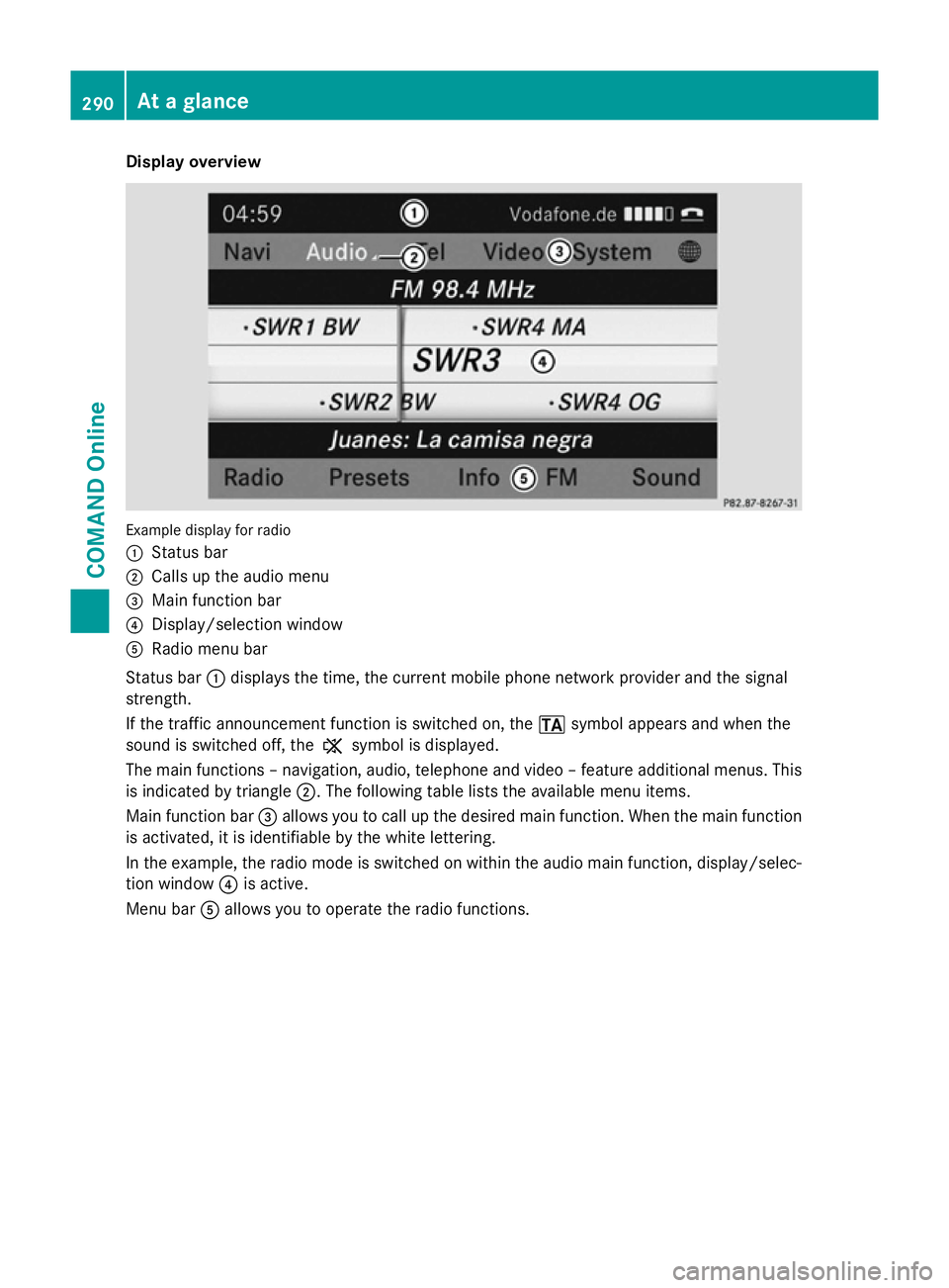 MERCEDES-BENZ SL ROADSTER 2012  Owners Manual Display overview
Example display for radio
:
Status bar
; Calls up the audio menu
= Main function bar
? Display/selection window
A Radio menu bar
Status bar :displays the time, the current mobile phon