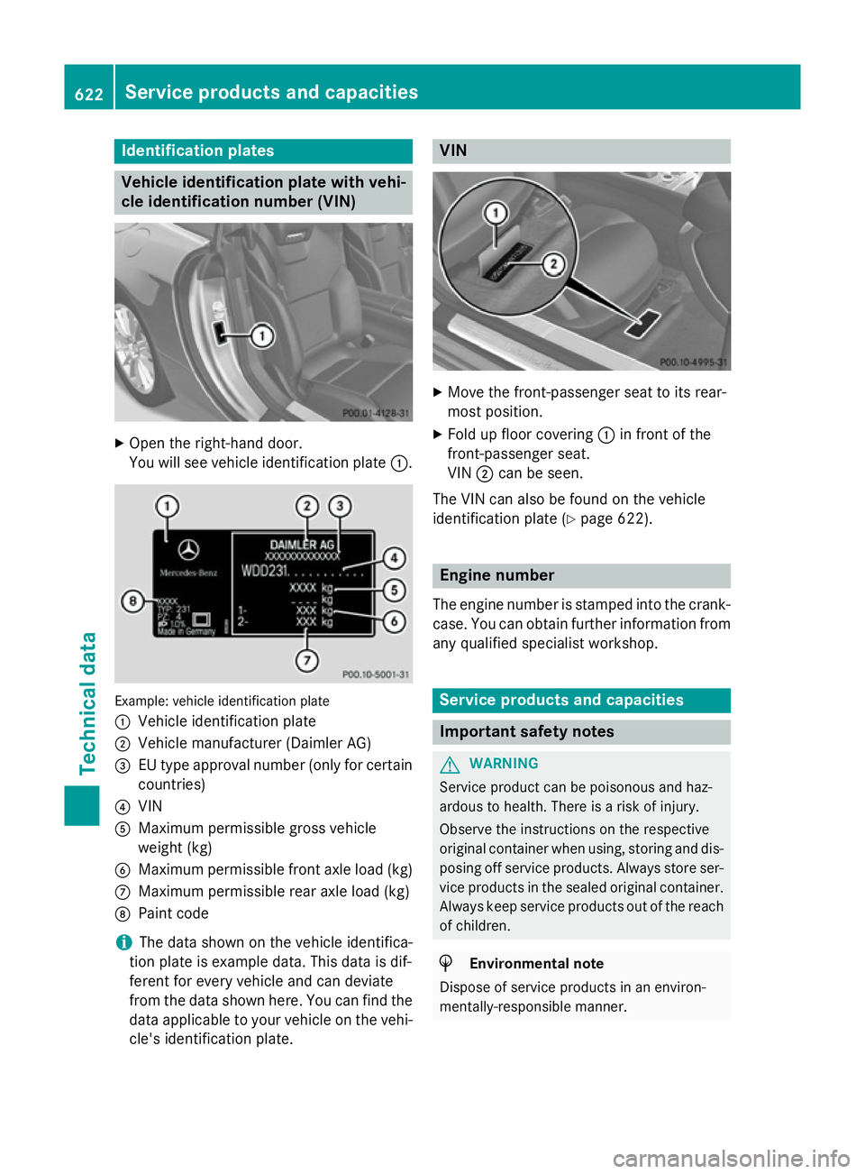 MERCEDES-BENZ SL ROADSTER 2012 Owners Manual Identification plates
Vehicle identification plate with vehi-
cle identification number (VIN) X
Open the right-hand door.
You will see vehicle identification plate :.Example: vehicle identification pl MERCEDES-BENZ SL ROADSTER 2012 Owners Manual Identification plates
Vehicle identification plate with vehi-
cle identification number (VIN) X
Open the right-hand door.
You will see vehicle identification plate :.Example: vehicle identification pl