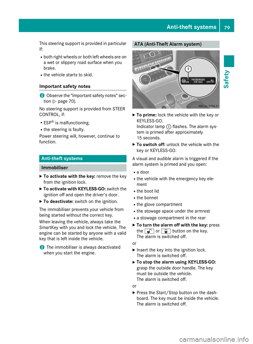 MERCEDES-BENZ SL ROADSTER 2012 Owners Manual This steering support is provided in particular
if:
R both right wheels or both left wheels are on
a wet or slippery road surface when you
brake.
R the vehicle starts to skid.
Important safety notes i MERCEDES-BENZ SL ROADSTER 2012 Owners Manual This steering support is provided in particular
if:
R both right wheels or both left wheels are on
a wet or slippery road surface when you
brake.
R the vehicle starts to skid.
Important safety notes i