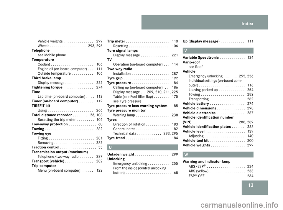 MERCEDES-BENZ SL ROADSTER 2008 Owners Manual 13
Vehicle weights
............... 299
Wheels .................. 293, 295
Telephone
see Mobile phone
Temperature
Coolant ..................... 106
Engine oil (on-board computer) ...111
Outside tempera MERCEDES-BENZ SL ROADSTER 2008 Owners Manual 13
Vehicle weights
............... 299
Wheels .................. 293, 295
Telephone
see Mobile phone
Temperature
Coolant ..................... 106
Engine oil (on-board computer) ...111
Outside tempera