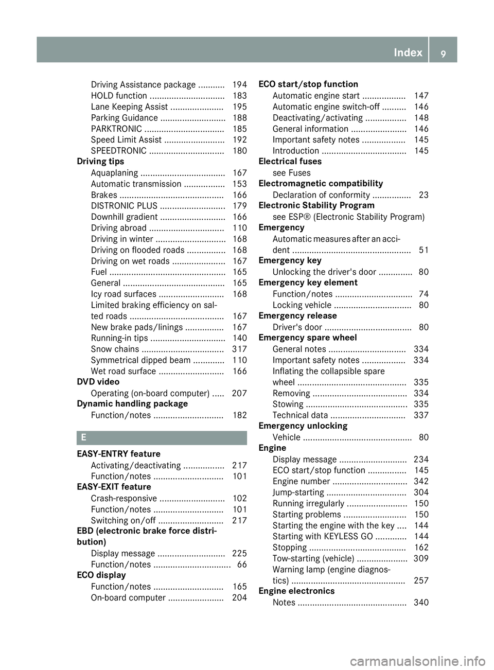 MERCEDES-BENZ SLK ROADSTER 2014  Owners Manual Driving Assistance packag
e........... 194
HOLD function ............................... 183
Lane Keeping Assist ...................... 195
Parking Guidance ........................... 188
PARKTRONIC 