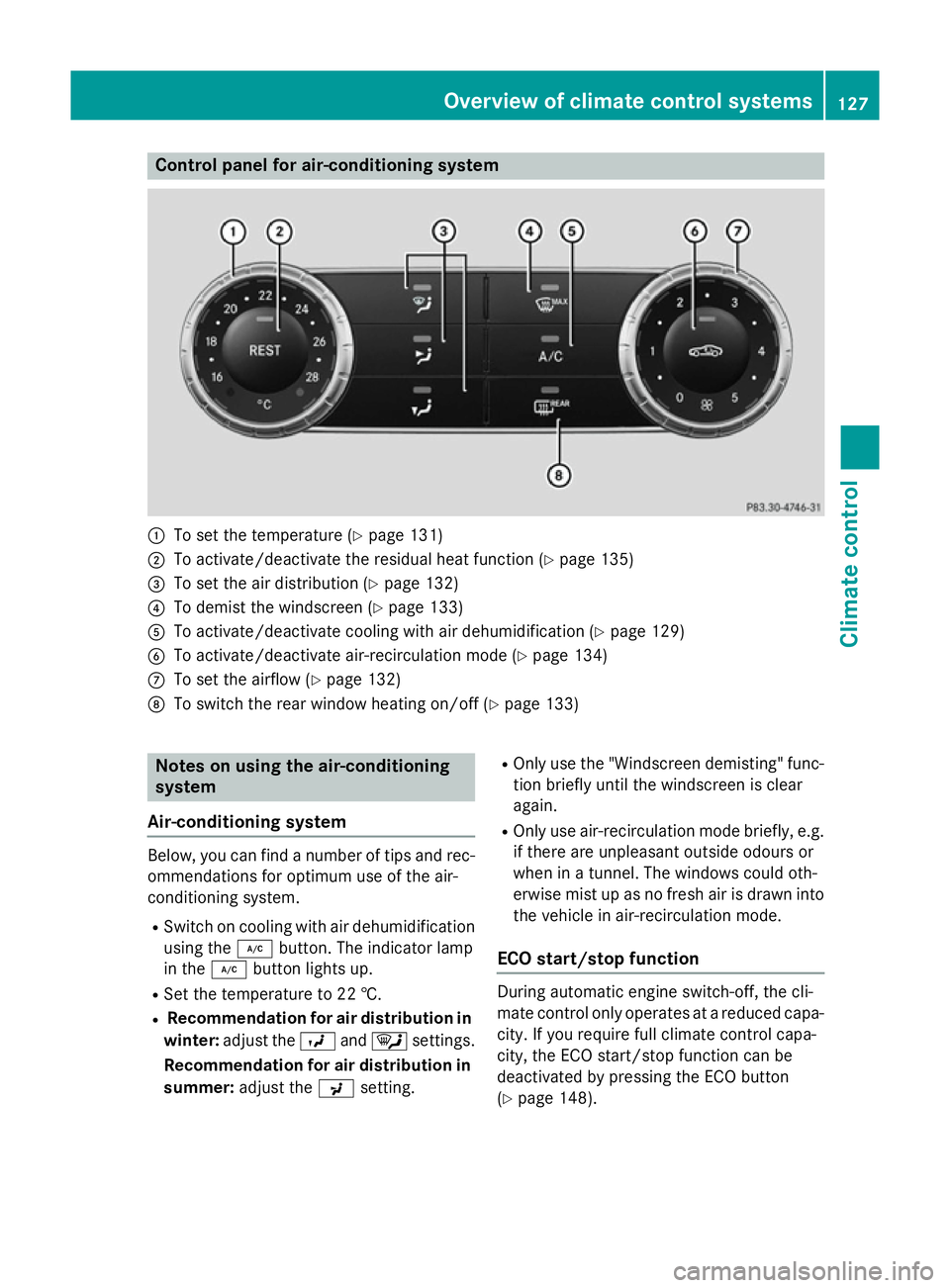 MERCEDES-BENZ SLK ROADSTER 2014  Owners Manual Control panel for air-conditioning system
:
To set the temperature (Y page 131)
; To activate/deactivate the residual heat function (Y page 135)
= To set the air distribution (Y page 132)
? To demist 
