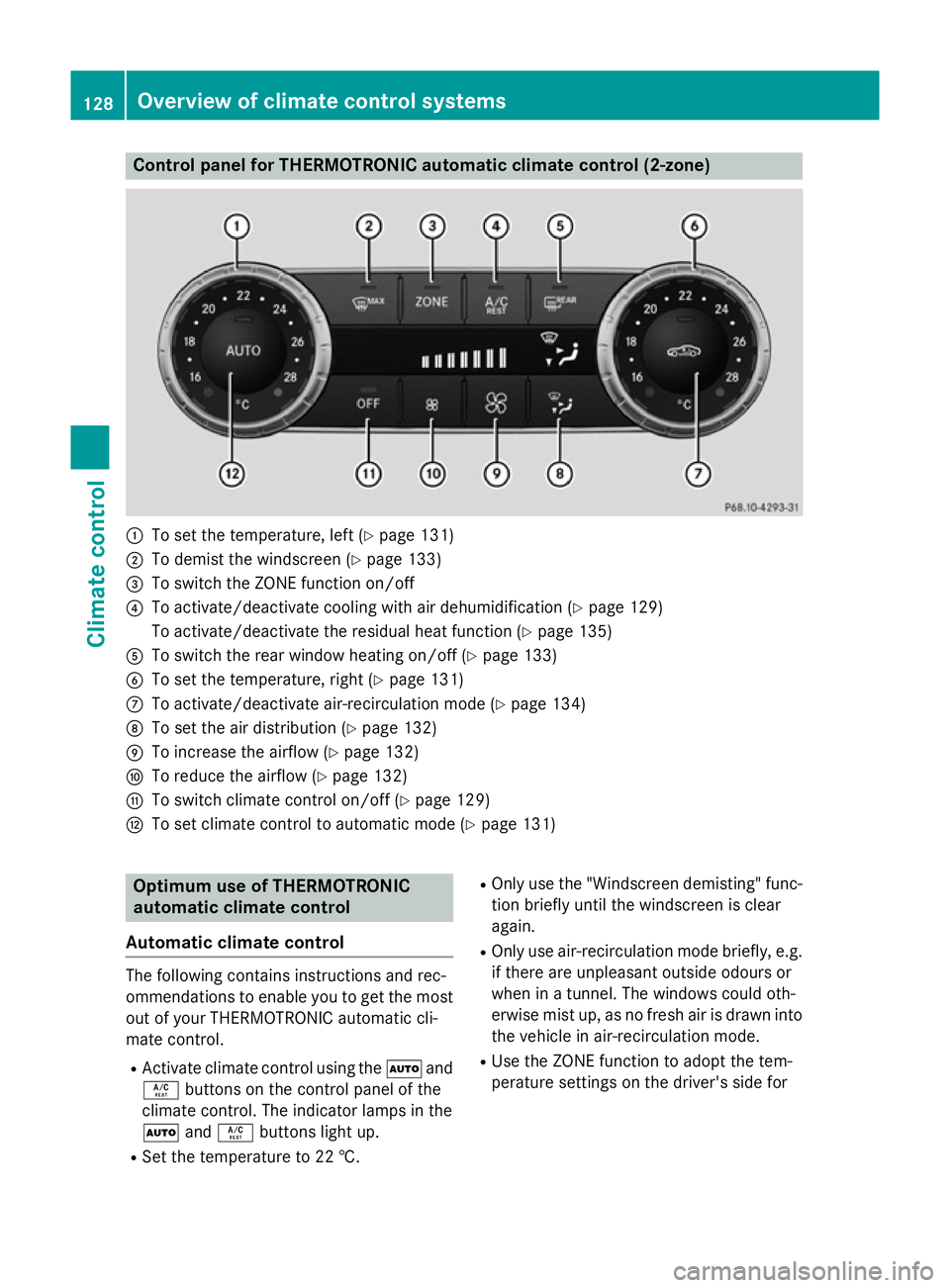 MERCEDES-BENZ SLK ROADSTER 2014  Owners Manual Control panel for THERMOTRONIC automatic climate control (2-zone)
:
To set the temperature, left (Y page 131)
; To demist the windscreen (Y page 133)
= To switch the ZONE function on/off
? To activate