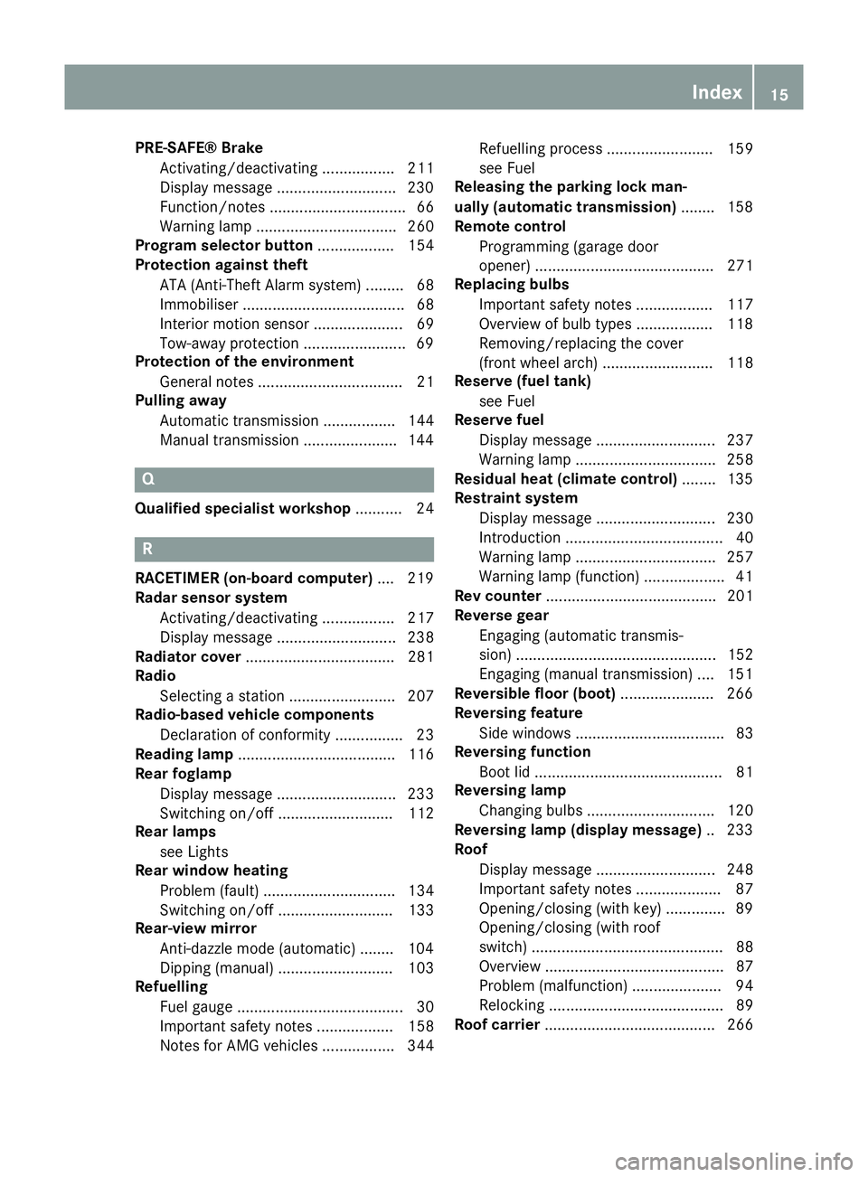 MERCEDES-BENZ SLK ROADSTER 2014  Owners Manual PRE-SAFE® Brake
Activating/deactivating ................. 211
Display message ............................2 30
Function/notes ................................ 66
Warning lamp ........................