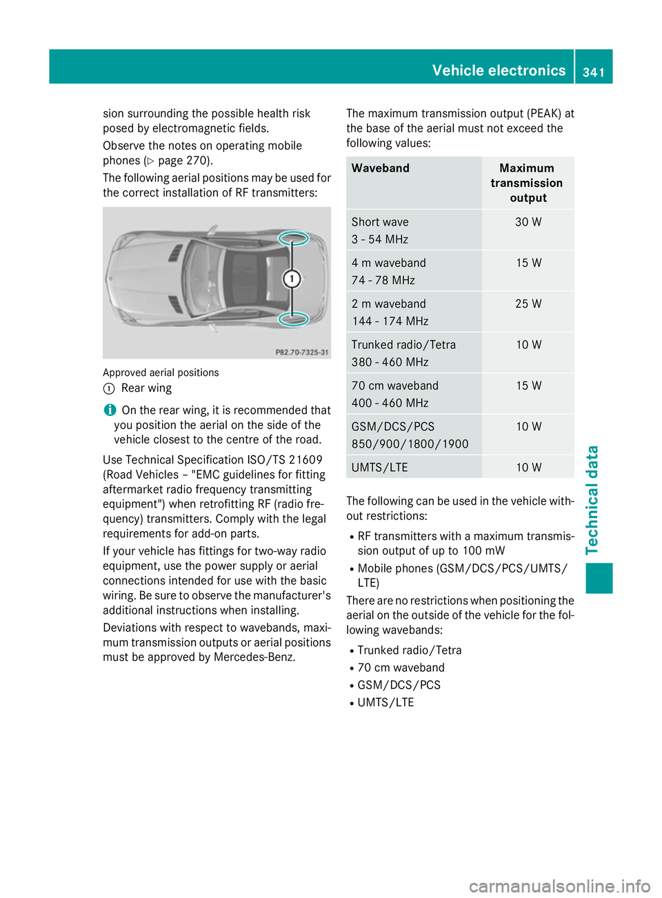 MERCEDES-BENZ SLK ROADSTER 2014  Owners Manual sion surrounding the possible health risk
posed by electromagnetic fields.
Observe the notes on operating mobile
phones (Y page 270).
The following aerial positions may be used for the correct install