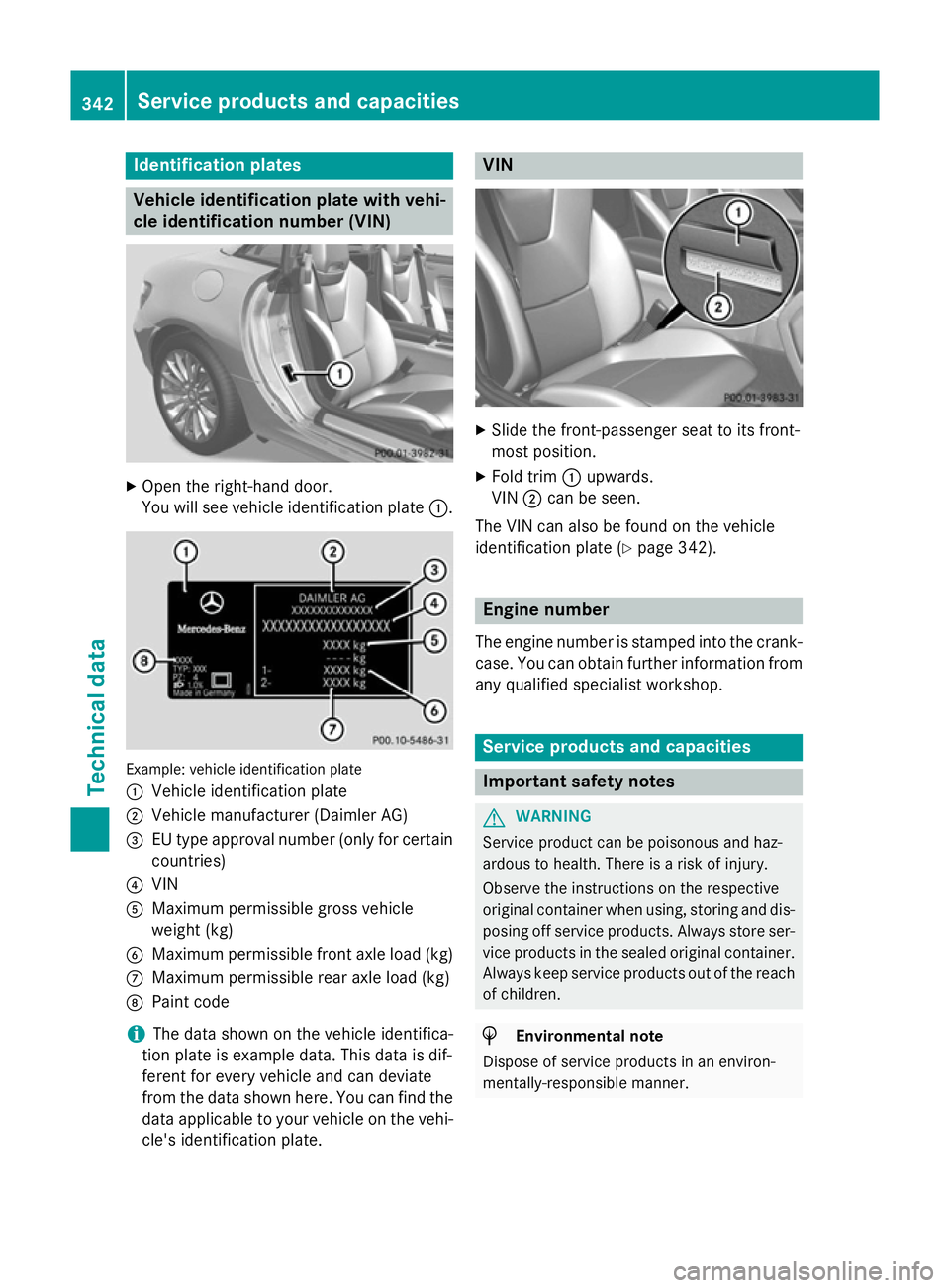 MERCEDES-BENZ SLK ROADSTER 2014  Owners Manual Identification plates
Vehicle identification plate with vehi-
cle identification number (VIN) X
Open the right-hand door.
You will see vehicle identification plate :.Example: vehicle identification pl