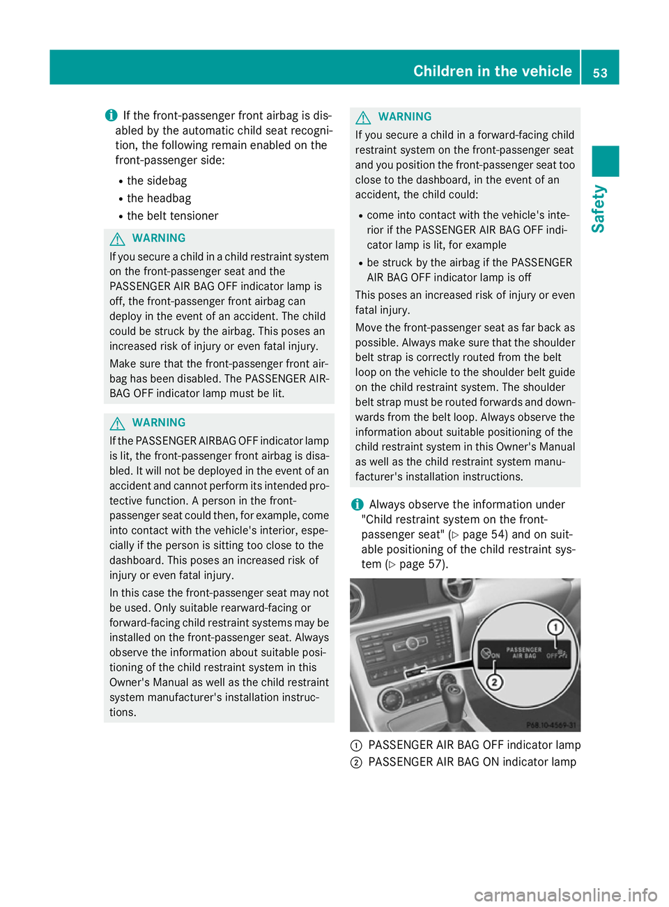 MERCEDES-BENZ SLK ROADSTER 2014  Owners Manual i
If the front-passenger front airbag is dis-
abled by the automatic child seat recogni-
tion, the following remain enabled on the
front-passenger side:
R the sidebag
R the headbag
R the belt tensione