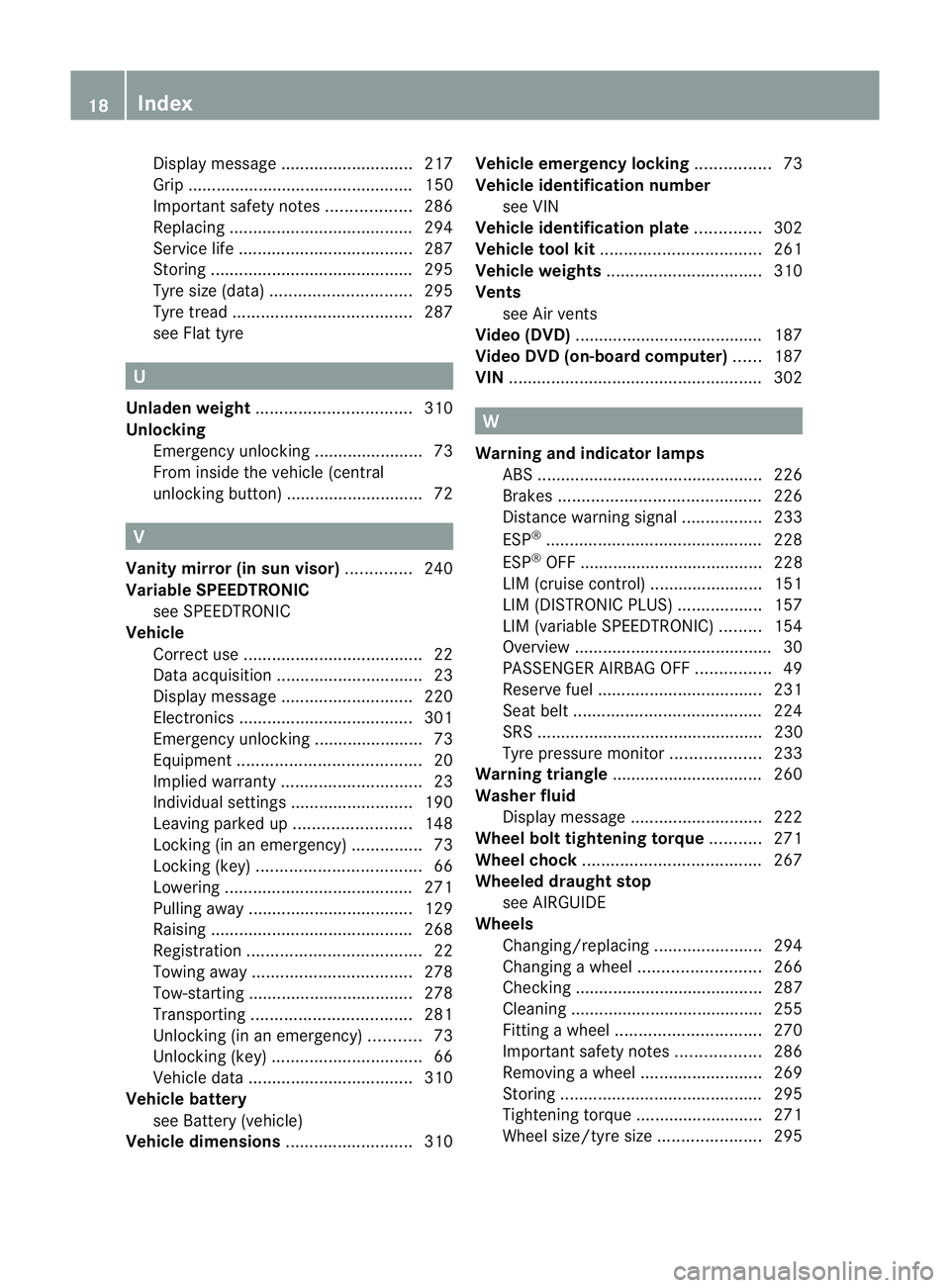 MERCEDES-BENZ SLK ROADSTER 2012  Owners Manual Display message
............................ 217
Grip ................................................ 150
Important safety notes ..................286
Replacing ......................................