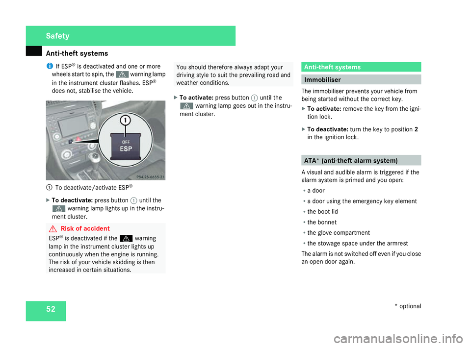 MERCEDES-BENZ SLK ROADSTER 2008 Owners Manual Anti-theft syste
ms52
i
If ESP ®
is deactivated and one or mor e
wheels start to spin, the vwarning lamp
in the instrument cluster flashes. ES P®
does not, stabilise the vehicle. 1
To deactivate/act MERCEDES-BENZ SLK ROADSTER 2008 Owners Manual Anti-theft syste
ms52
i
If ESP ®
is deactivated and one or mor e
wheels start to spin, the vwarning lamp
in the instrument cluster flashes. ES P®
does not, stabilise the vehicle. 1
To deactivate/act