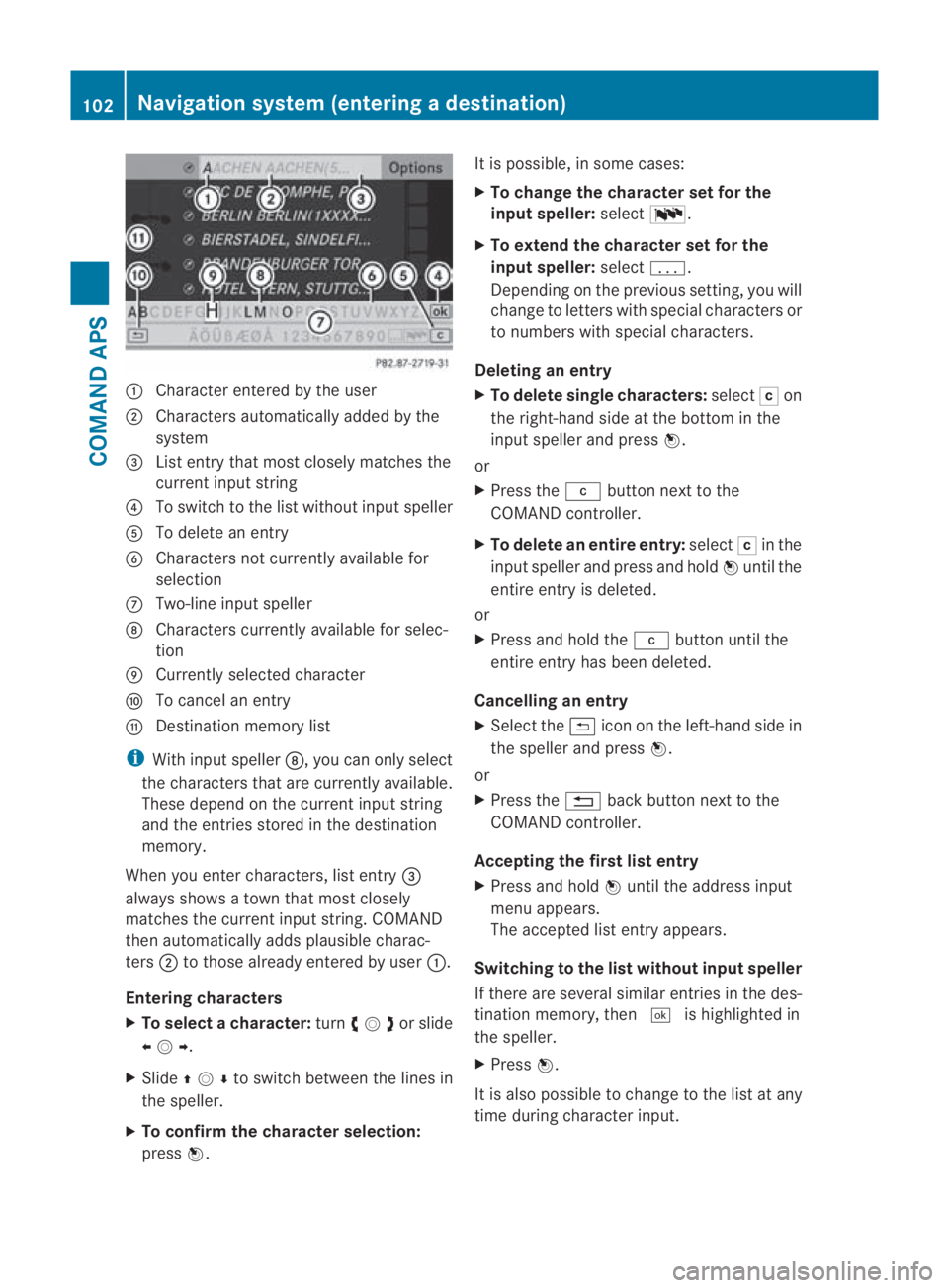 MERCEDES-BENZ SLS COUPE 2010 Owners Manual 0001
Characte rentered by the user
0002 Characters automatically added by the
system
0015 List entry that most closely matches the
current input string
0014 To switch to the list withou tinpu tspeller MERCEDES-BENZ SLS COUPE 2010 Owners Manual 0001
Characte rentered by the user
0002 Characters automatically added by the
system
0015 List entry that most closely matches the
current input string
0014 To switch to the list withou tinpu tspeller