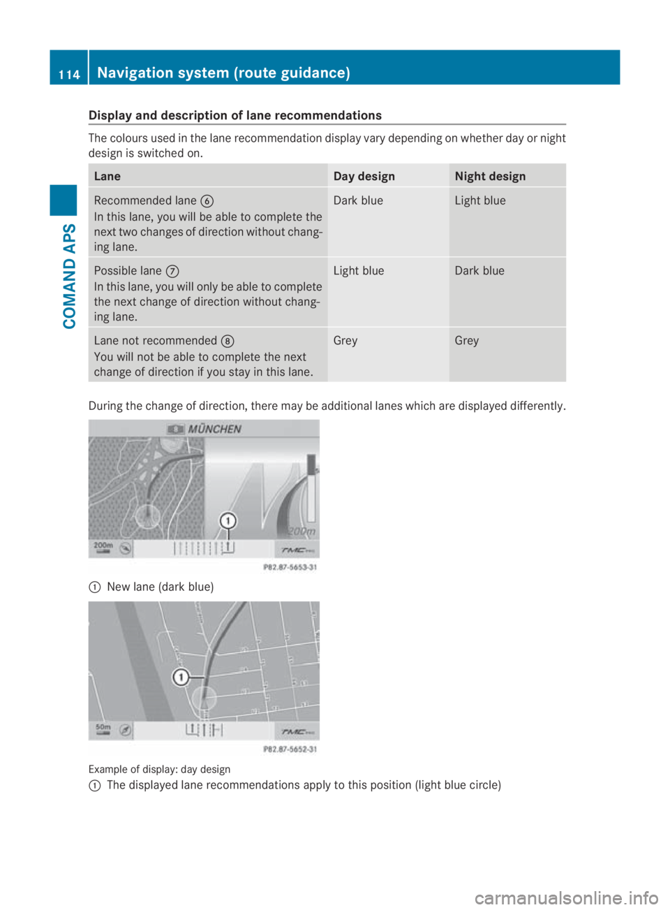 MERCEDES-BENZ SLS COUPE 2010  Owners Manual Display an
ddescription of lane recommendations The colours used in the lane recommendatio
ndisplay vary depending on whether day or night
design is switched on. Lane Day design Nigh
tdesign Recommend
