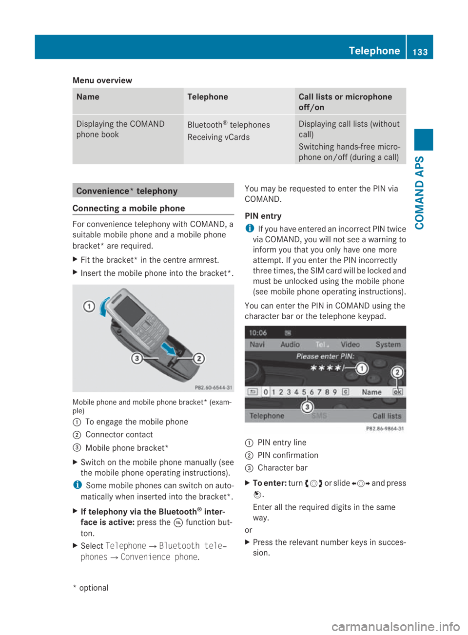 MERCEDES-BENZ SLS COUPE 2010 Owners Manual Menu overview
Name Telephone Call lists or microphone
off/on Displaying the COMAND
phone book
Bluetooth
®
telephones
Receiving vCards Displaying call lists (without
call)
Switching hands-free micro-
MERCEDES-BENZ SLS COUPE 2010 Owners Manual Menu overview
Name Telephone Call lists or microphone
off/on Displaying the COMAND
phone book
Bluetooth
®
telephones
Receiving vCards Displaying call lists (without
call)
Switching hands-free micro-