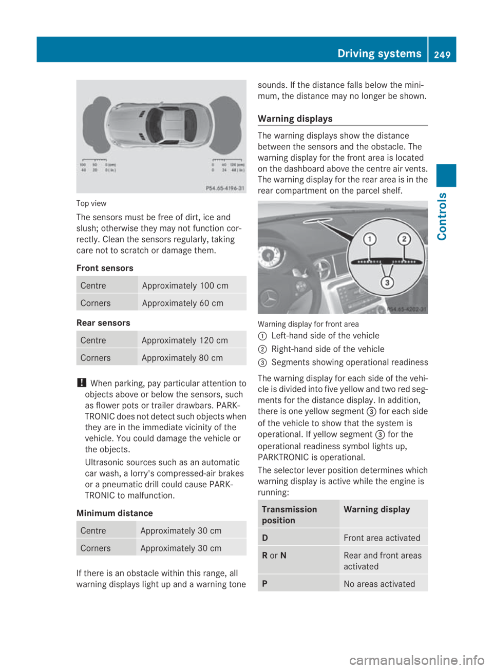 MERCEDES-BENZ SLS COUPE 2010 Owners Manual Top view
The sensors must be free of dirt, ice and
slush; otherwise they may not function cor-
rectly. Clean the sensors regularly, taking
care not to scratch or damage them.
Front sensors Centre Appr MERCEDES-BENZ SLS COUPE 2010 Owners Manual Top view
The sensors must be free of dirt, ice and
slush; otherwise they may not function cor-
rectly. Clean the sensors regularly, taking
care not to scratch or damage them.
Front sensors Centre Appr