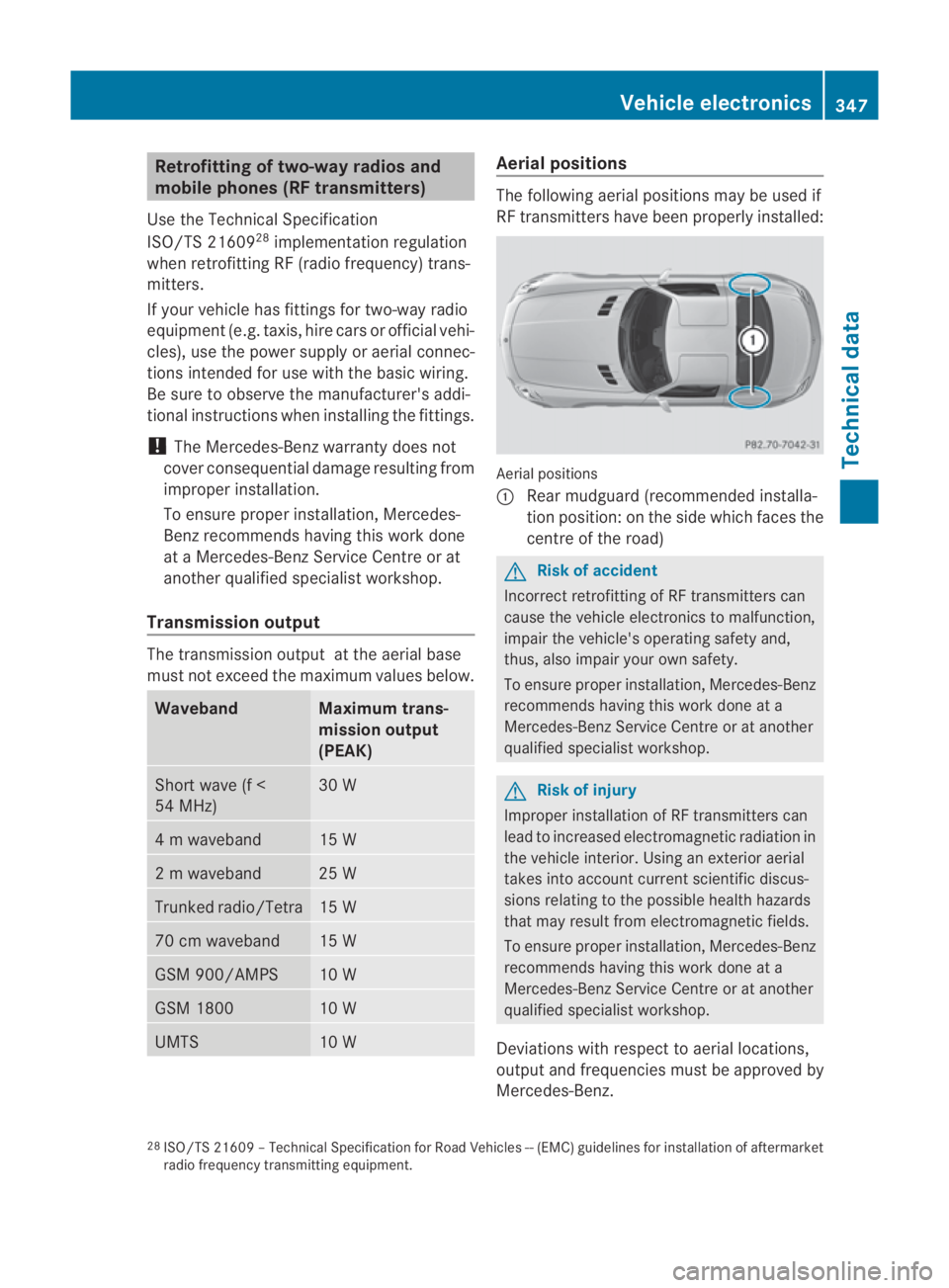 MERCEDES-BENZ SLS COUPE 2010 Owners Manual Retrofitting of two-way radios and
mobile phones (RF transmitters)
Use the Technical Specification
ISO/TS 21609 28
implementation regulation
when retrofitting RF (radio frequency) trans-
mitters.
If y MERCEDES-BENZ SLS COUPE 2010 Owners Manual Retrofitting of two-way radios and
mobile phones (RF transmitters)
Use the Technical Specification
ISO/TS 21609 28
implementation regulation
when retrofitting RF (radio frequency) trans-
mitters.
If y