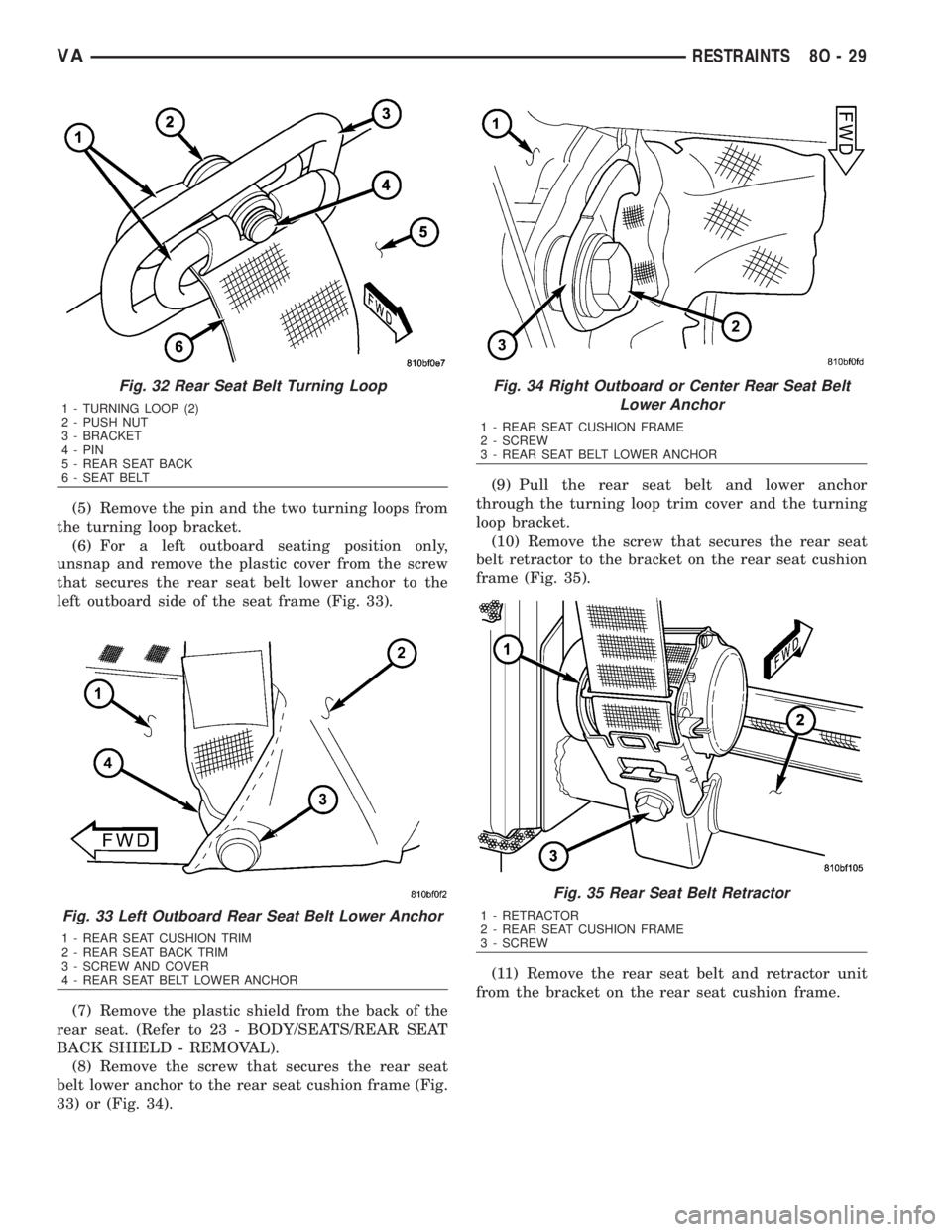 MERCEDES-BENZ SPRINTER 2006  Service Manual (5) Remove the pin and the two turning loops from
the turning loop bracket.
(6) For a left outboard seating position only,
unsnap and remove the plastic cover from the screw
that secures the rear seat