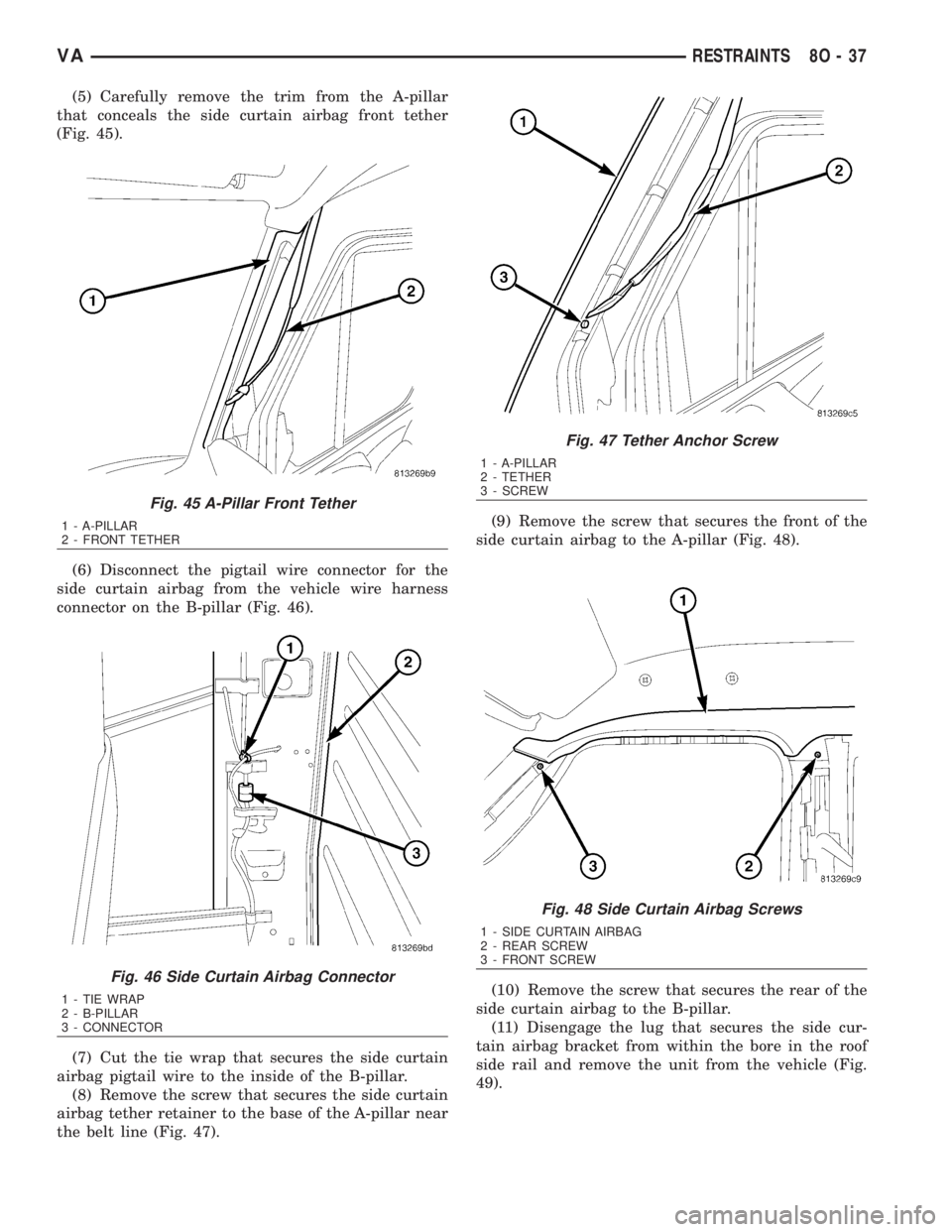 MERCEDES-BENZ SPRINTER 2006  Service Manual (5) Carefully remove the trim from the A-pillar
that conceals the side curtain airbag front tether
(Fig. 45).
(6) Disconnect the pigtail wire connector for the
side curtain airbag from the vehicle wir