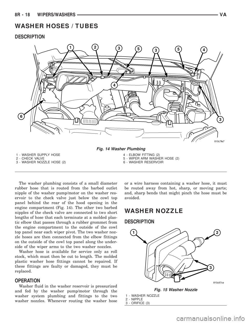 MERCEDES-BENZ SPRINTER 2006  Service Manual WASHER HOSES / TUBES
DESCRIPTION
The washer plumbing consists of a small diameter
rubber hose that is routed from the barbed outlet
nipple of the washer pump/motor on the washer res-
ervoir to the che