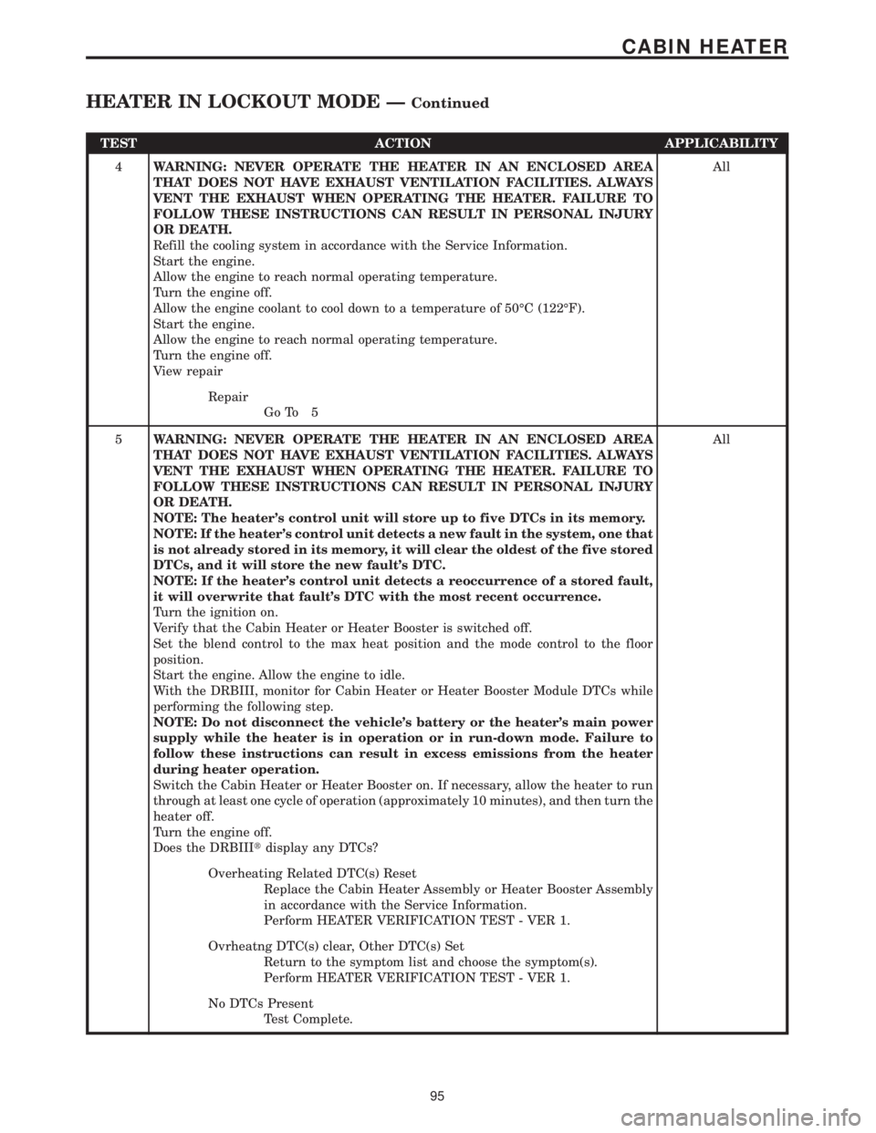 MERCEDES-BENZ SPRINTER 2006  Service Manual TEST ACTION APPLICABILITY
4WARNING: NEVER OPERATE THE HEATER IN AN ENCLOSED AREA
THAT DOES NOT HAVE EXHAUST VENTILATION FACILITIES. ALWAYS
VENT THE EXHAUST WHEN OPERATING THE HEATER. FAILURE TO
FOLLOW
