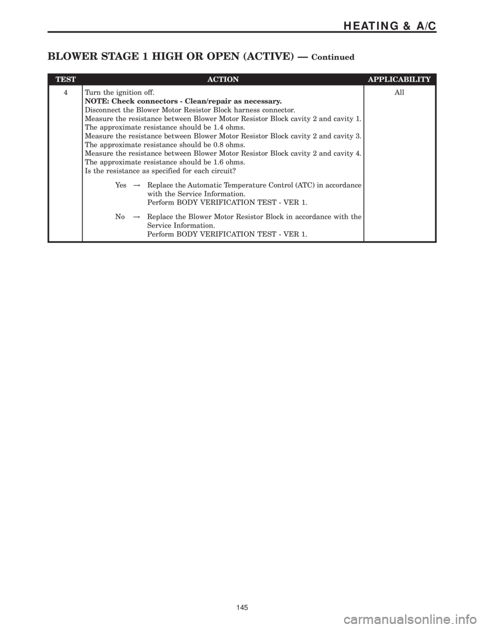MERCEDES-BENZ SPRINTER 2006  Service Manual TEST ACTION APPLICABILITY
4 Turn the ignition off.
NOTE: Check connectors - Clean/repair as necessary.
Disconnect the Blower Motor Resistor Block harness connector.
Measure the resistance between Blow