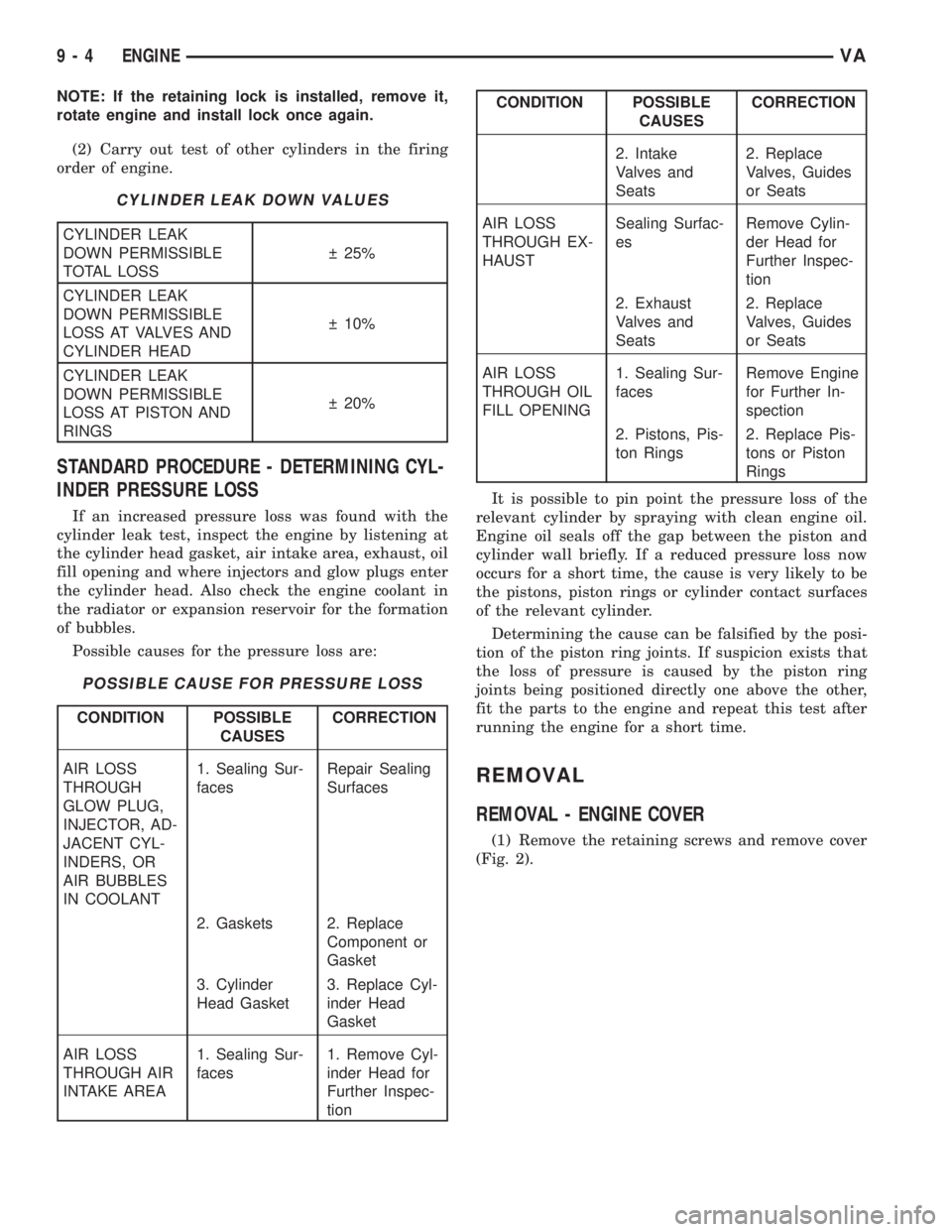 MERCEDES-BENZ SPRINTER 2006  Service Manual NOTE: If the retaining lock is installed, remove it,
rotate engine and install lock once again.
(2) Carry out test of other cylinders in the firing
order of engine.
CYLINDER LEAK DOWN VALUES
CYLINDER 