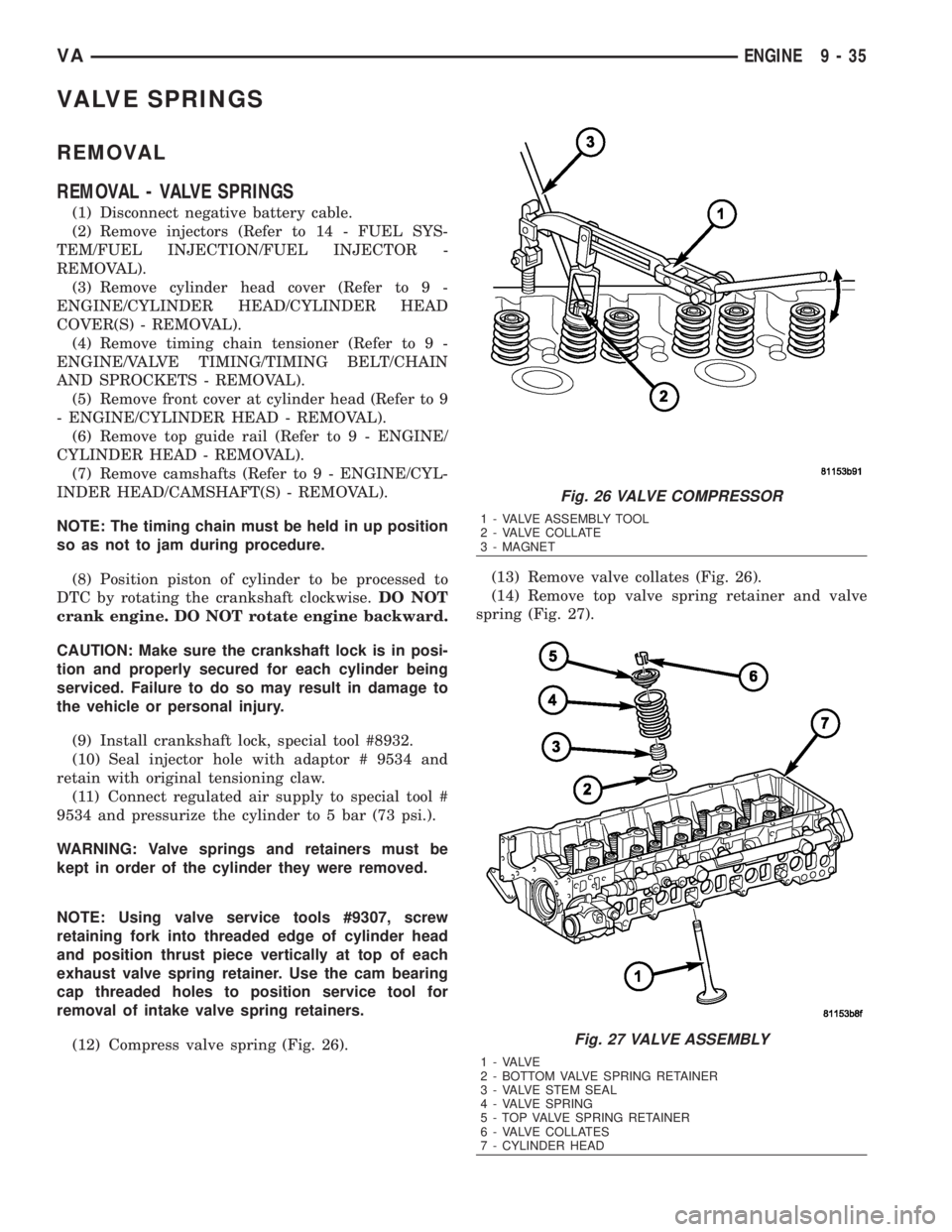 MERCEDES-BENZ SPRINTER 2006  Service Manual VALVE SPRINGS
REMOVAL
REMOVAL - VALVE SPRINGS
(1) Disconnect negative battery cable.
(2) Remove injectors (Refer to 14 - FUEL SYS-
TEM/FUEL INJECTION/FUEL INJECTOR -
REMOVAL).
(3) Remove cylinder head