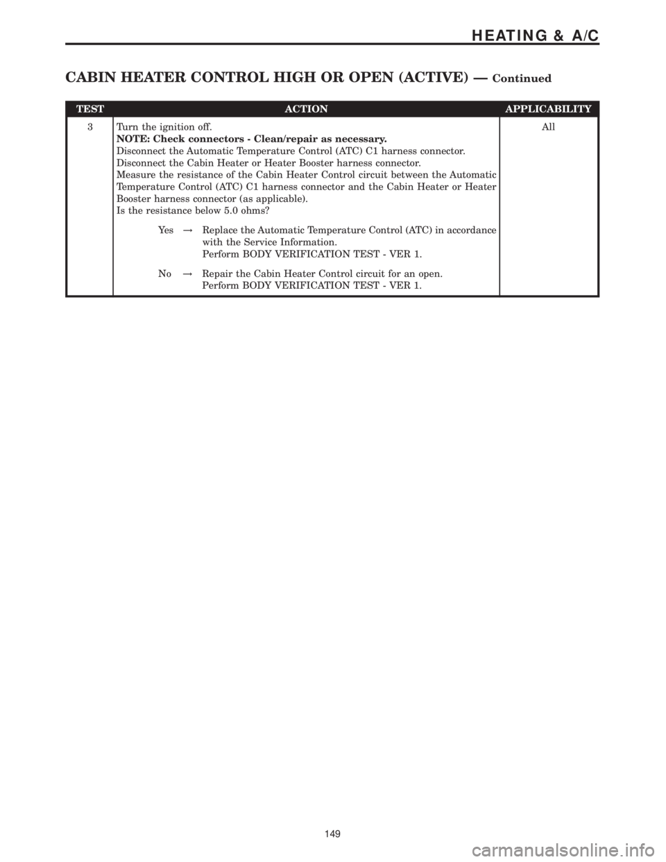 MERCEDES-BENZ SPRINTER 2006  Service Manual TEST ACTION APPLICABILITY
3 Turn the ignition off.
NOTE: Check connectors - Clean/repair as necessary.
Disconnect the Automatic Temperature Control (ATC) C1 harness connector.
Disconnect the Cabin Hea