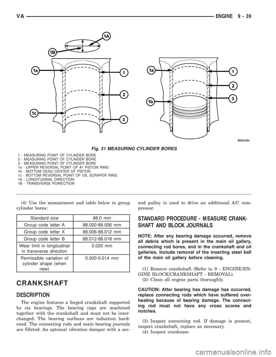 MERCEDES-BENZ SPRINTER 2006  Service Manual (4) Use the measurment and table below to group
cylinder bores:
Standard size 88.0 mm
Group code letter A 88.000-88.006 mm
Group code letter X 88.006-88.012 mm
Group code letter B 88.012-88.018 mm
Wea