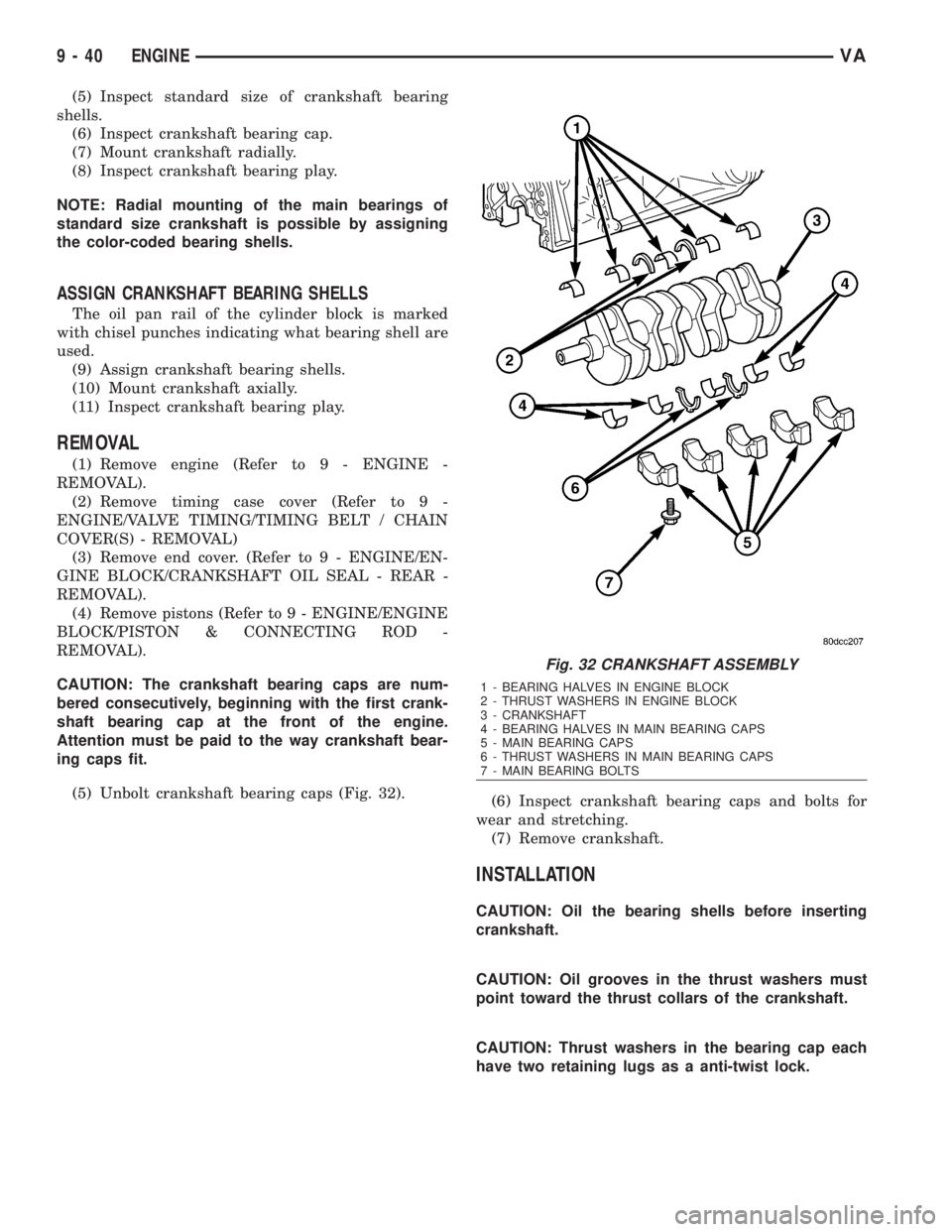 MERCEDES-BENZ SPRINTER 2006  Service Manual (5) Inspect standard size of crankshaft bearing
shells.
(6) Inspect crankshaft bearing cap.
(7) Mount crankshaft radially.
(8) Inspect crankshaft bearing play.
NOTE: Radial mounting of the main bearin