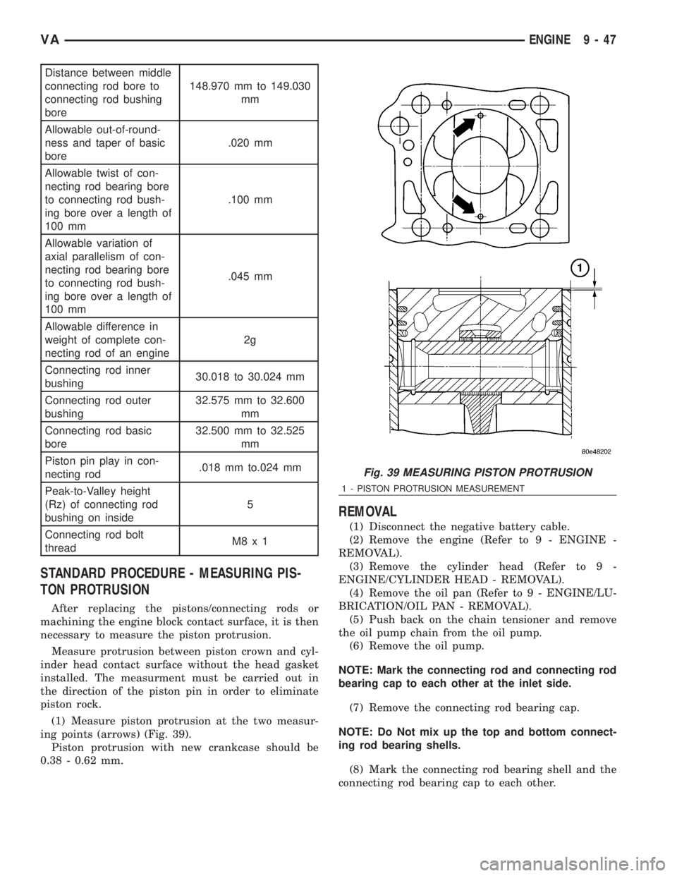 MERCEDES-BENZ SPRINTER 2006  Service Manual Distance between middle
connecting rod bore to
connecting rod bushing
bore148.970 mm to 149.030
mm
Allowable out-of-round-
ness and taper of basic
bore.020 mm
Allowable twist of con-
necting rod beari