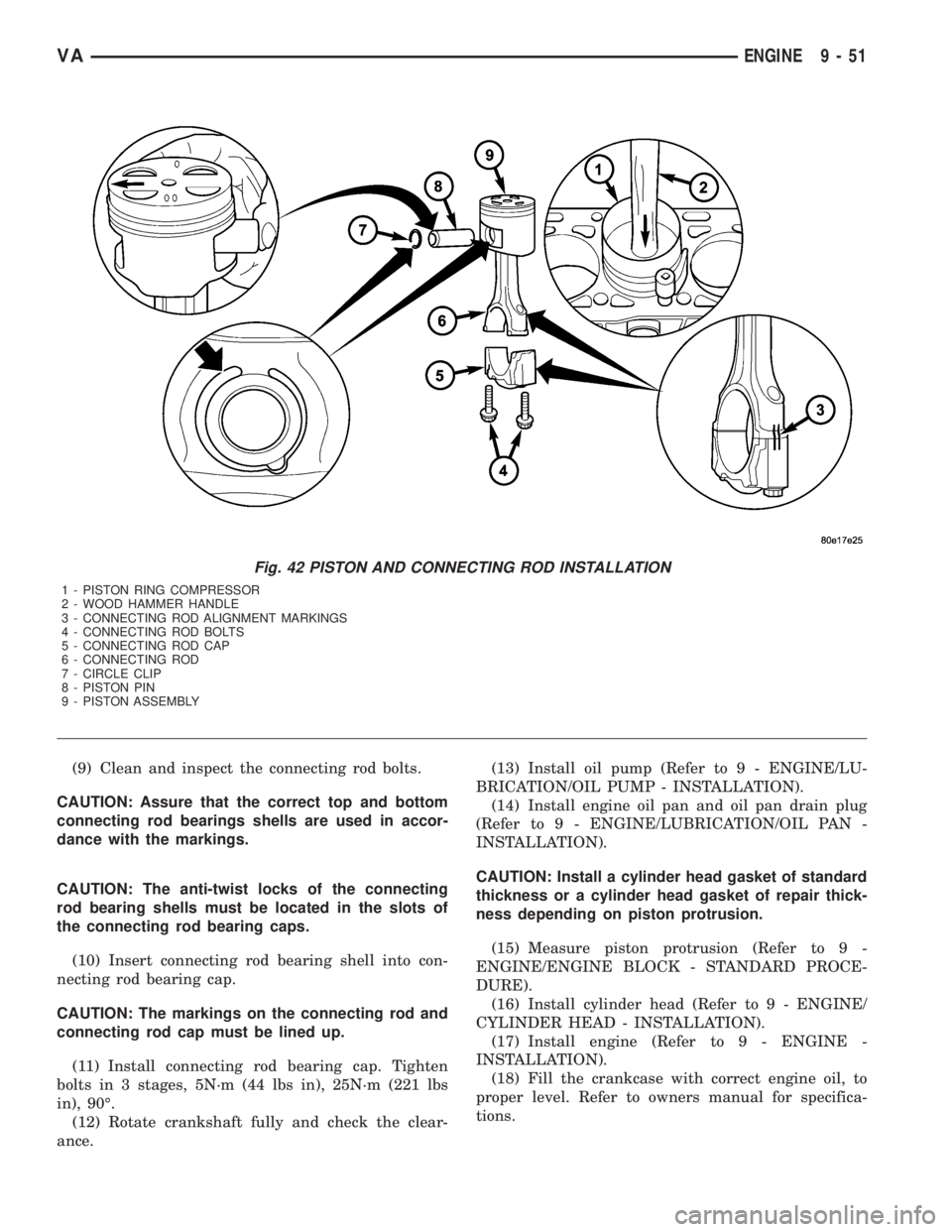 MERCEDES-BENZ SPRINTER 2006  Service Manual (9) Clean and inspect the connecting rod bolts.
CAUTION: Assure that the correct top and bottom
connecting rod bearings shells are used in accor-
dance with the markings.
CAUTION: The anti-twist locks