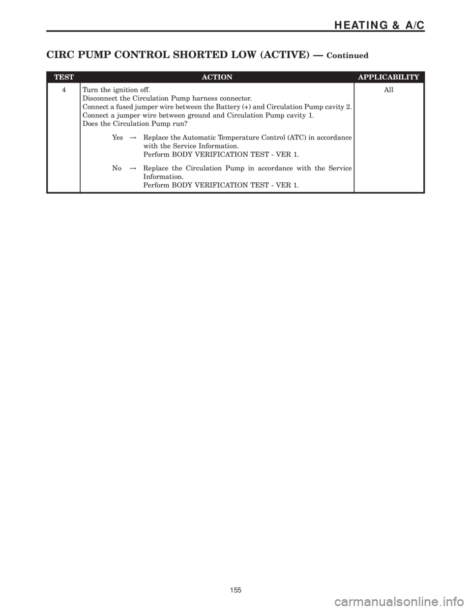MERCEDES-BENZ SPRINTER 2006  Service Manual TEST ACTION APPLICABILITY
4 Turn the ignition off.
Disconnect the Circulation Pump harness connector.
Connect a fused jumper wire between the Battery (+) and Circulation Pump cavity 2.
Connect a jumpe