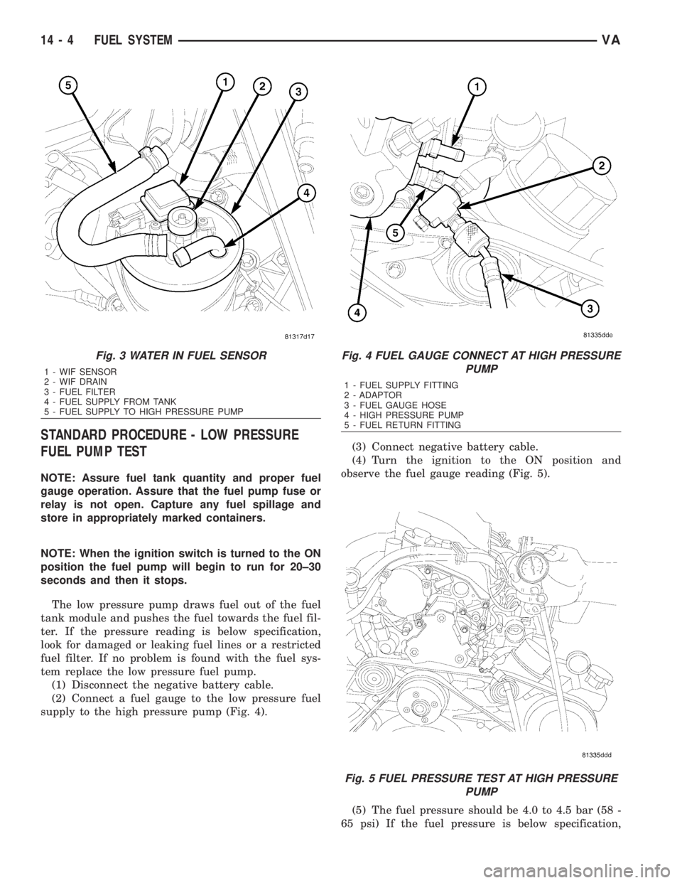 MERCEDES-BENZ SPRINTER 2006  Service Manual STANDARD PROCEDURE - LOW PRESSURE
FUEL PUMP TEST
NOTE: Assure fuel tank quantity and proper fuel
gauge operation. Assure that the fuel pump fuse or
relay is not open. Capture any fuel spillage and
sto