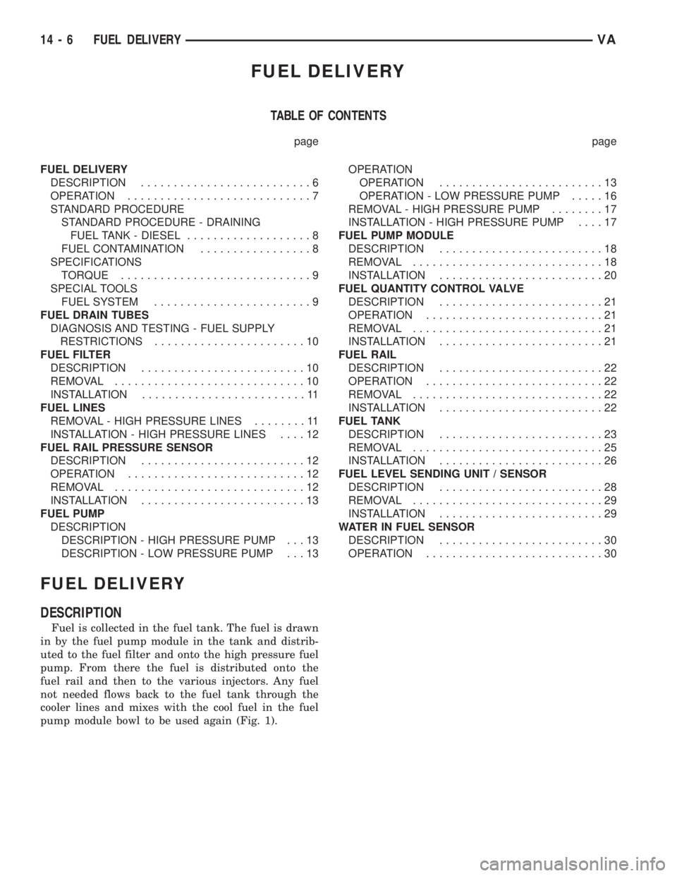 MERCEDES-BENZ SPRINTER 2006  Service Manual FUEL DELIVERY
TABLE OF CONTENTS
page page
FUEL DELIVERY
DESCRIPTION..........................6
OPERATION............................7
STANDARD PROCEDURE
STANDARD PROCEDURE - DRAINING
FUEL TANK - DIESE