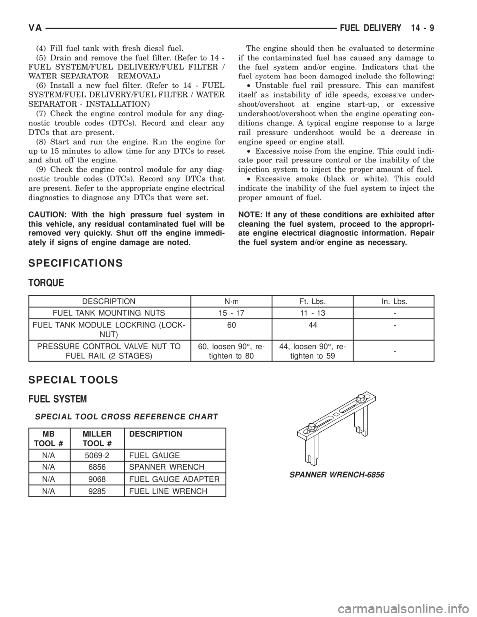 MERCEDES-BENZ SPRINTER 2006  Service Manual (4) Fill fuel tank with fresh diesel fuel.
(5) Drain and remove the fuel filter. (Refer to 14 -
FUEL SYSTEM/FUEL DELIVERY/FUEL FILTER /
WATER SEPARATOR - REMOVAL)
(6) Install a new fuel filter. (Refer